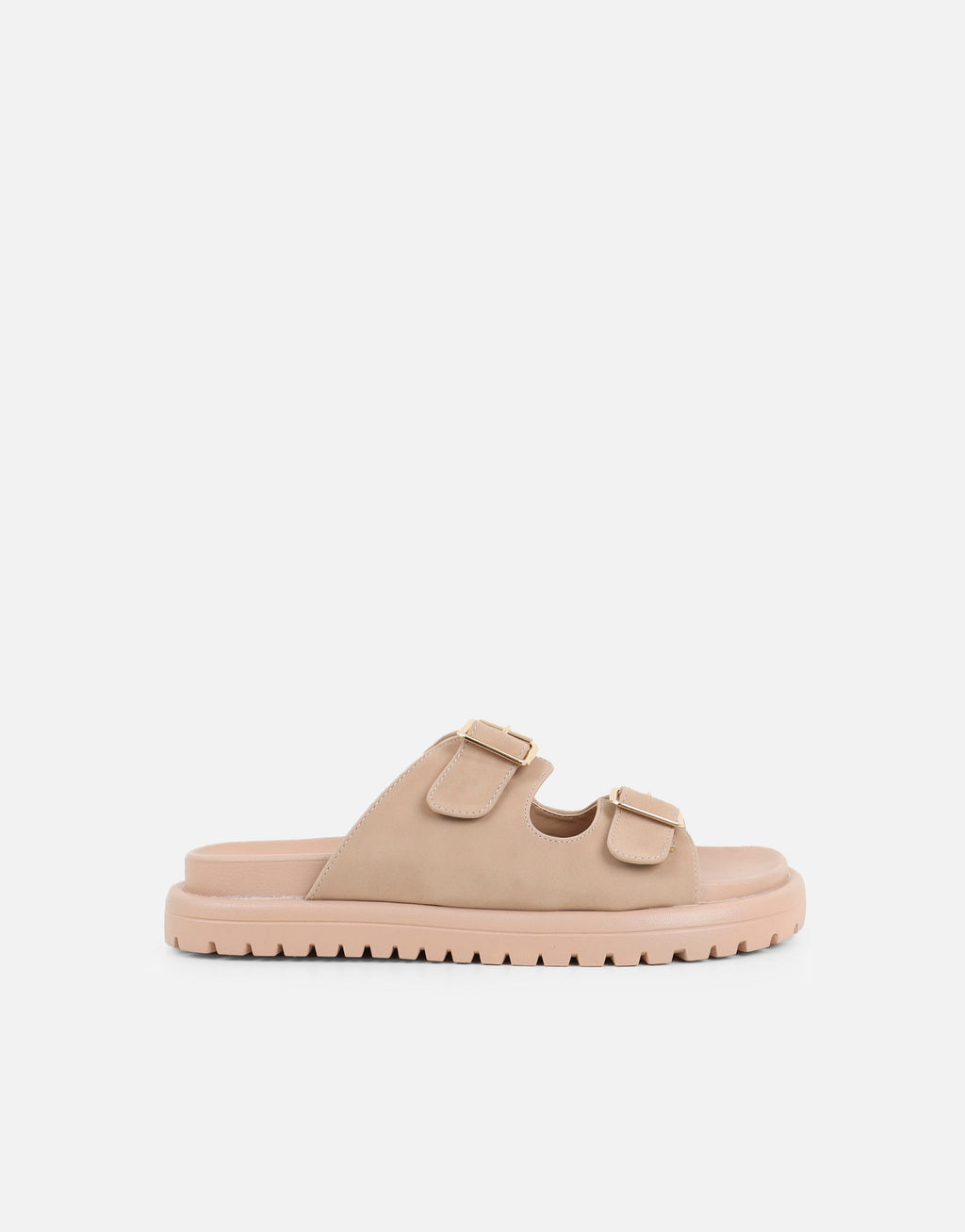 Jesselyn Beige Suede Buckle Chunky Flat Sandals