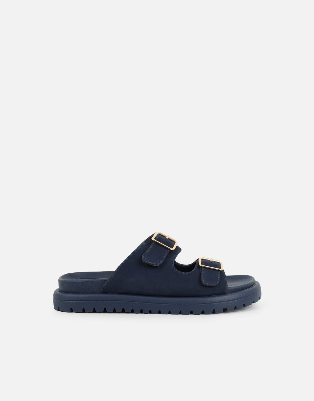 Jesselyn Navy Suede Buckle Chunky Flat Sandals