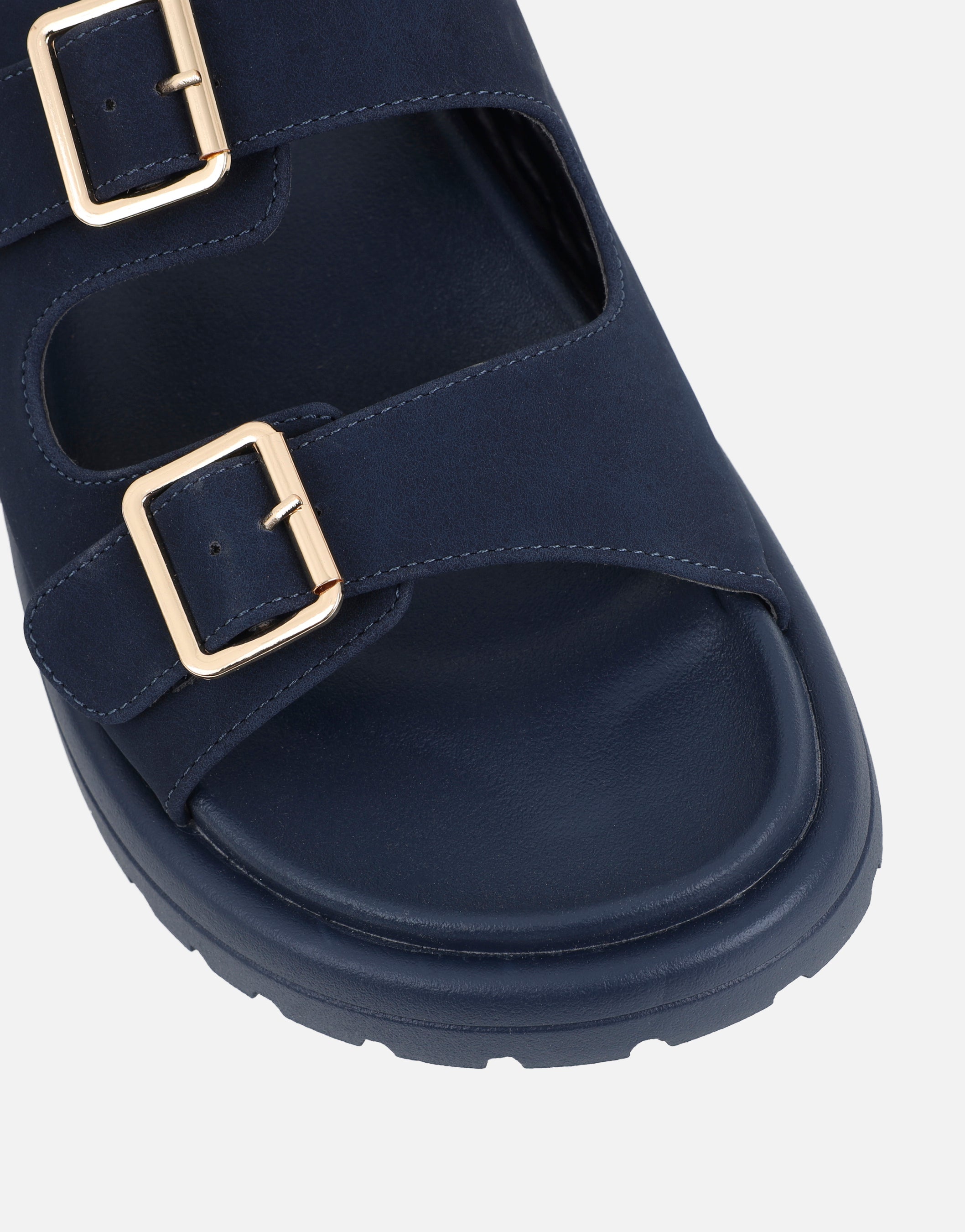 Jesselyn Navy Suede Buckle Chunky Flat Sandals