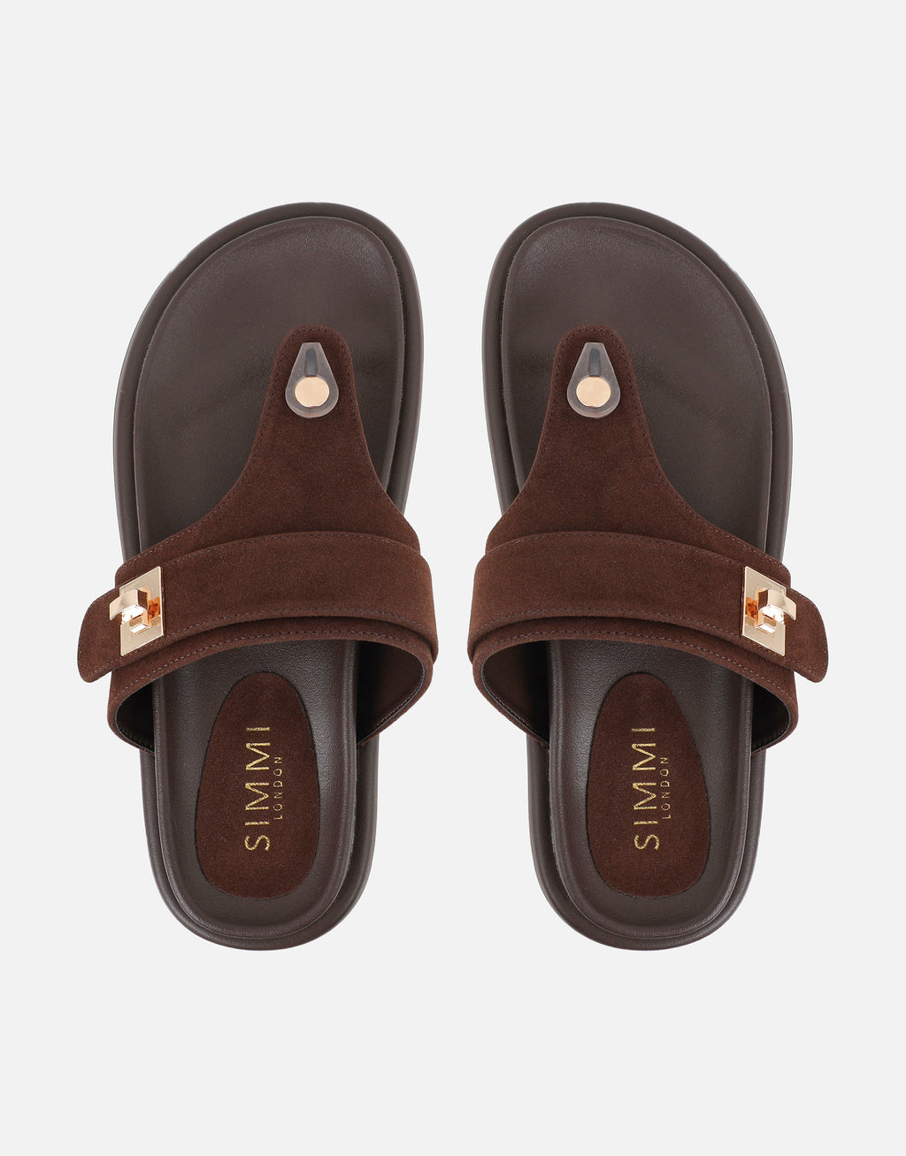 Makky Brown Suede Toe Post Embellished Chunky Flats