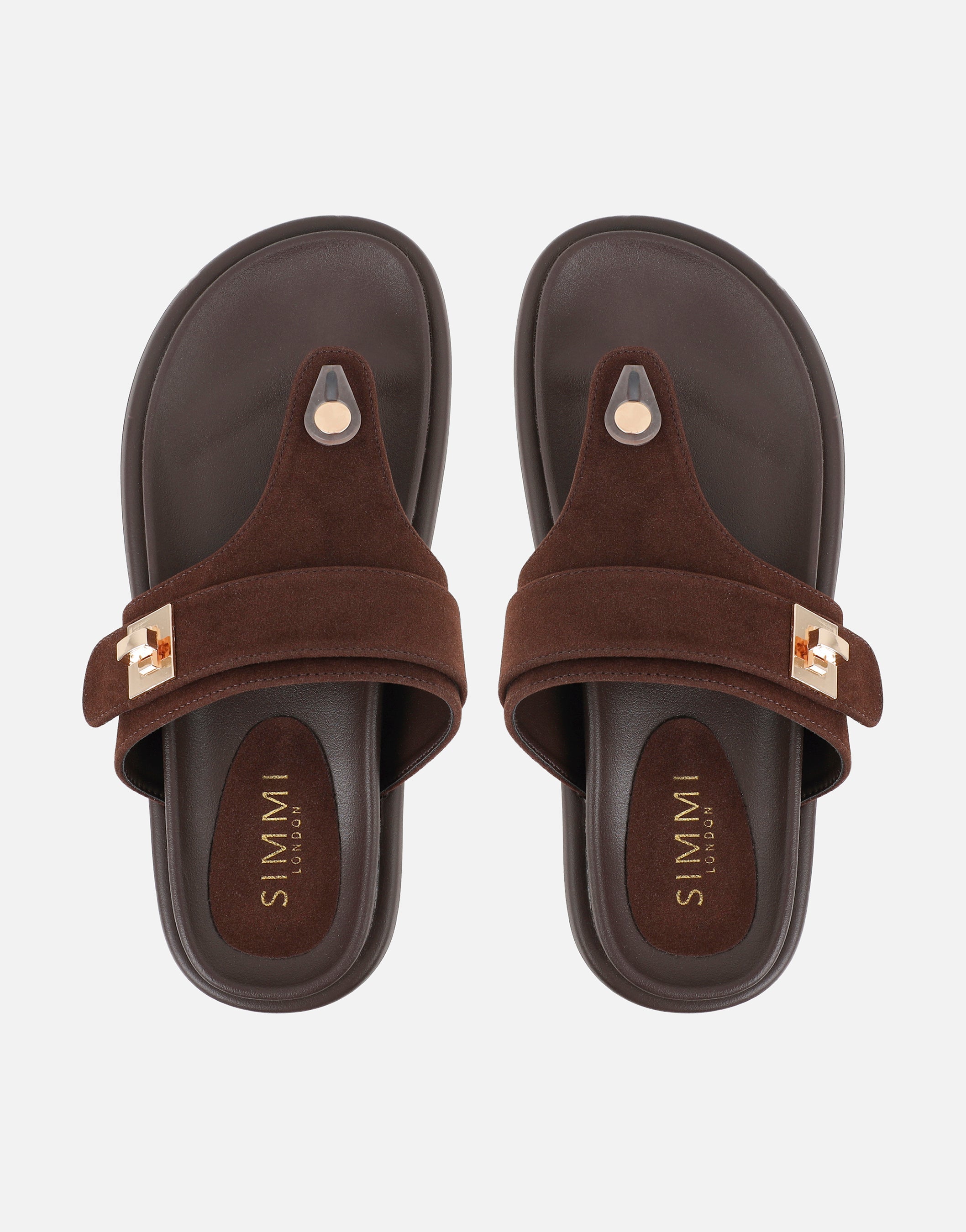 Makky Brown Suede Toe Post Embellished Chunky Flats