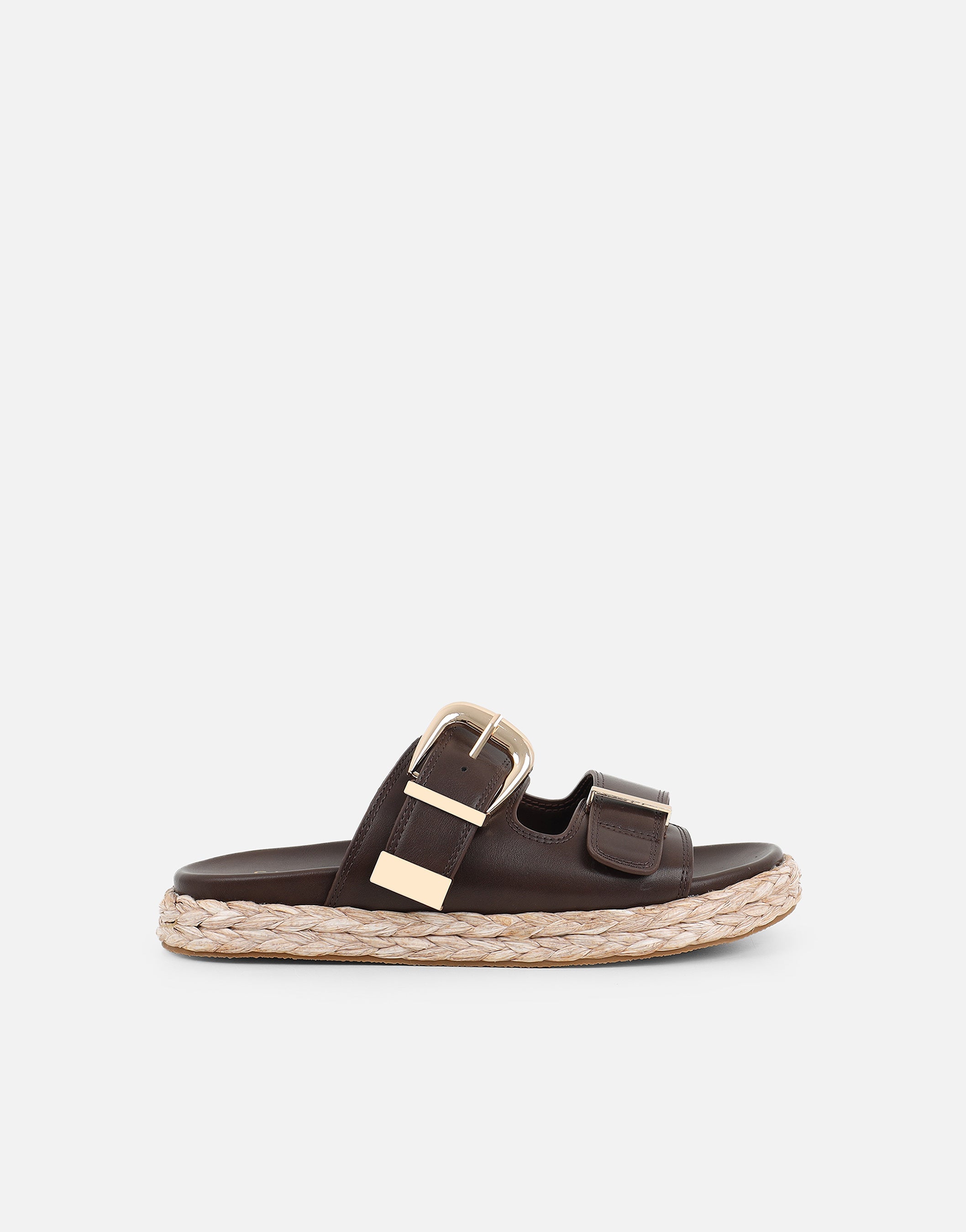 Nancy Brown Buckle Raffia Chunky Outsole Flats