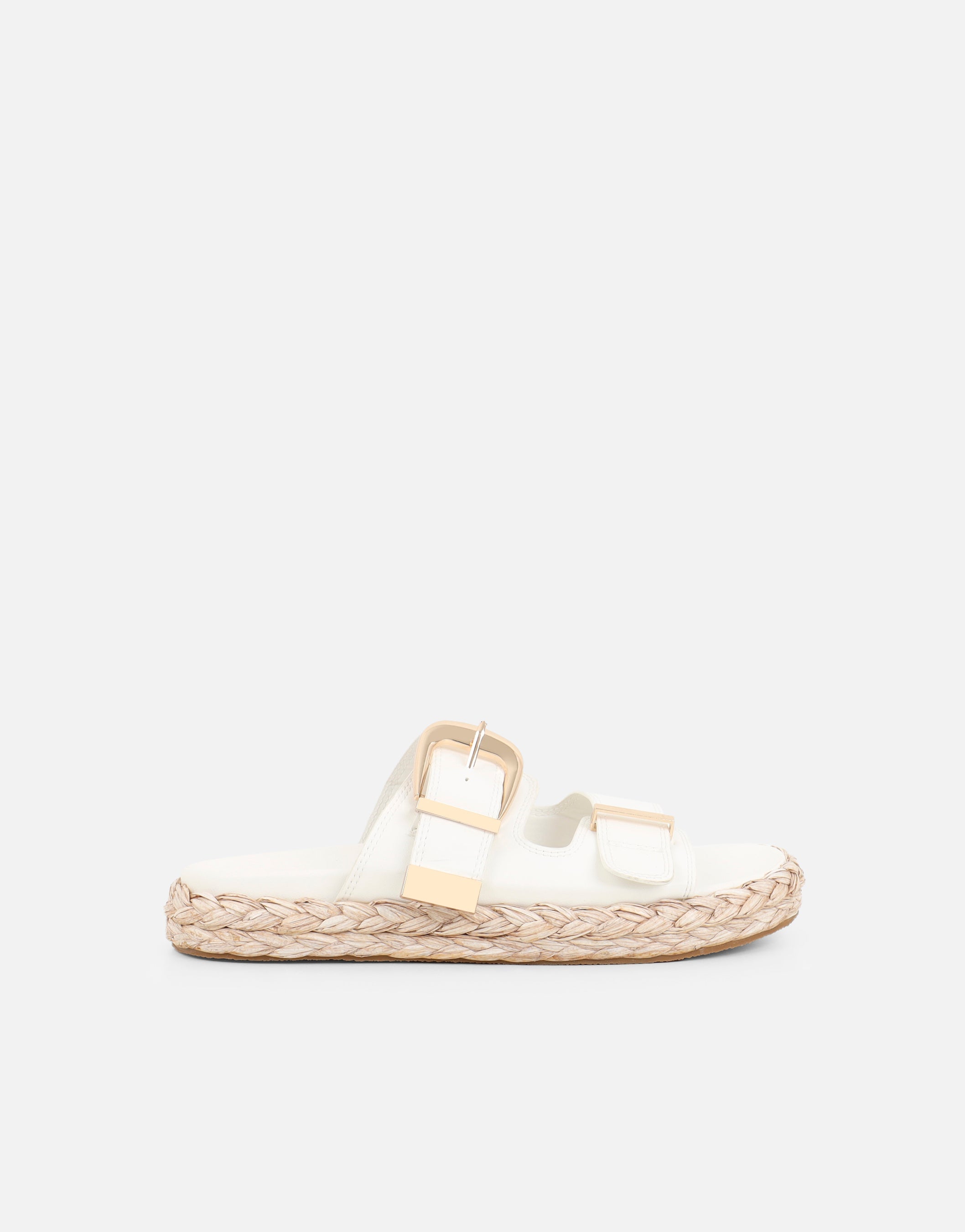 Nancy White Buckle Raffia Chunky Outsole Flats