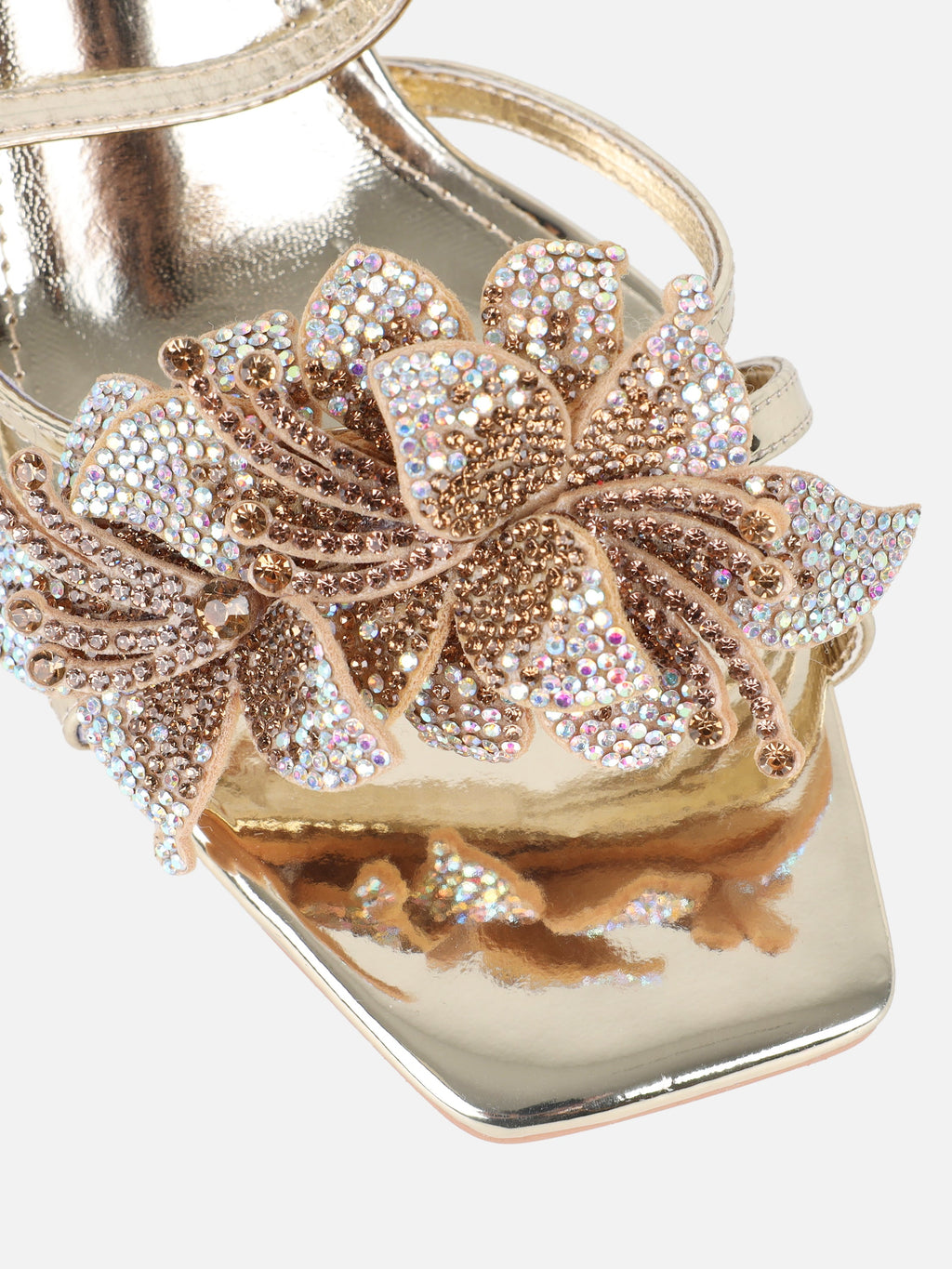 Polly Gold Mirror Flower Detail Heeled Sandals
