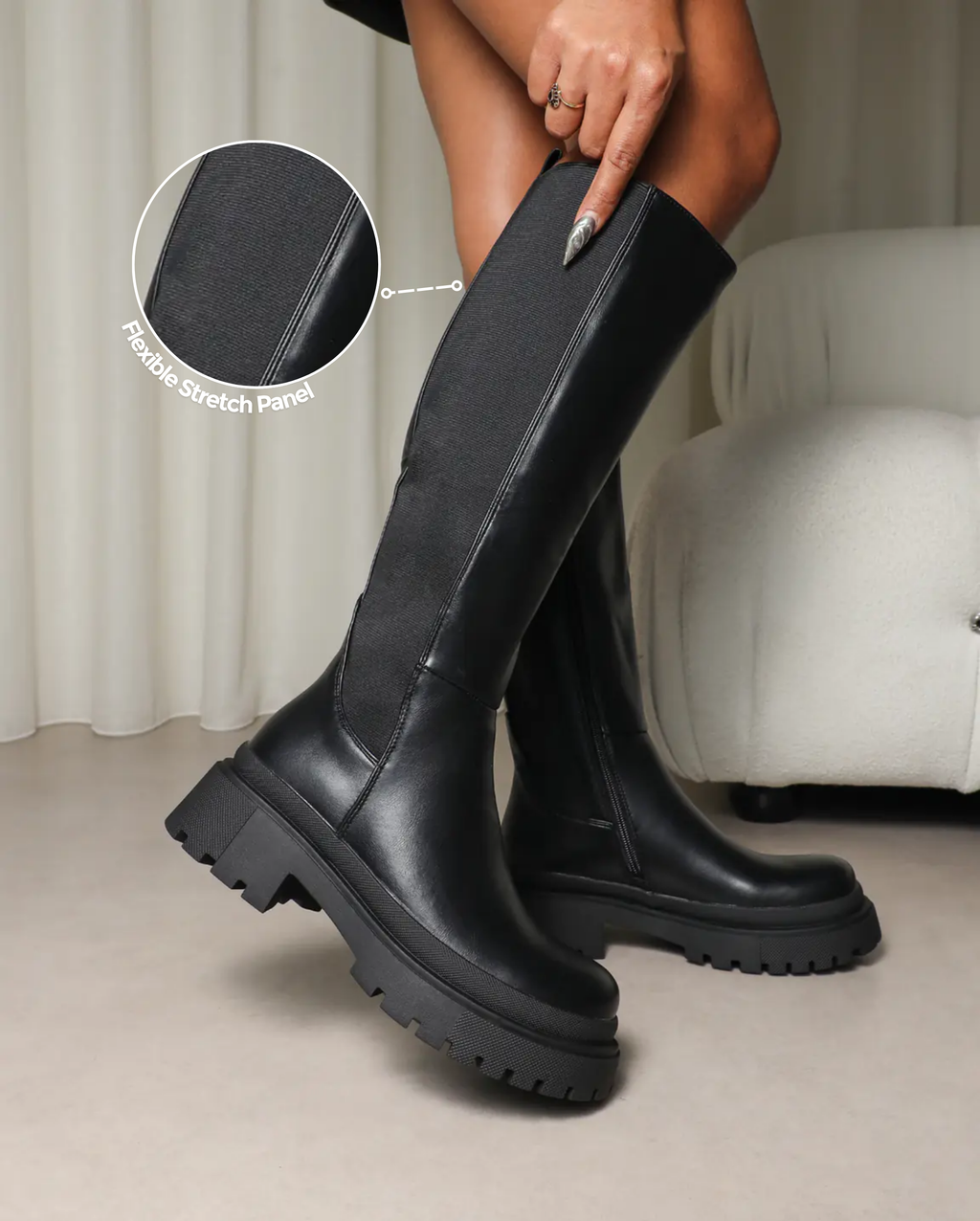 Remus Black Knee High Sock Chunky Boots