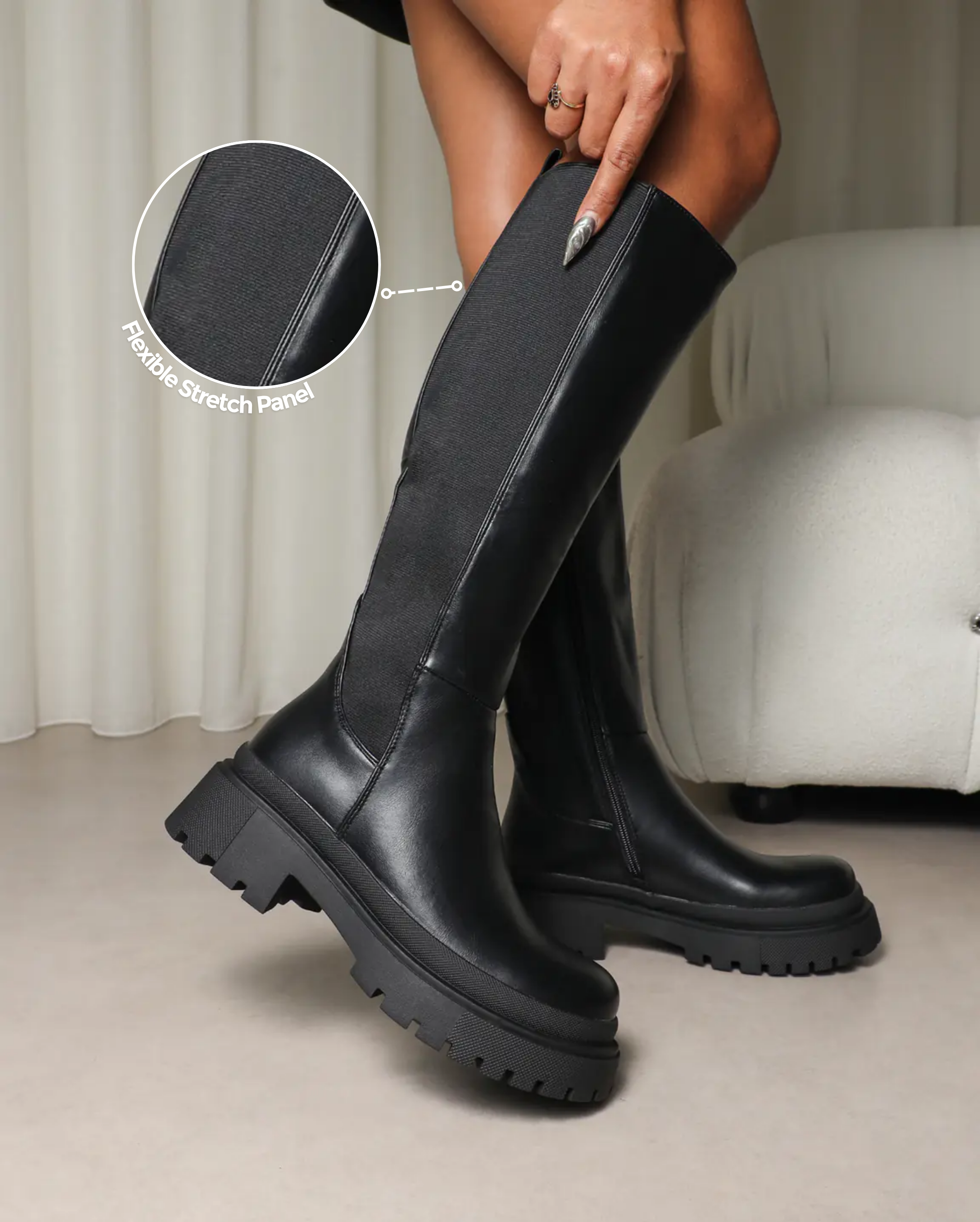 Remus Black Knee High Sock Chunky Boots