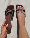 Astana Chocolate Satin Diamante Flat Sandals
