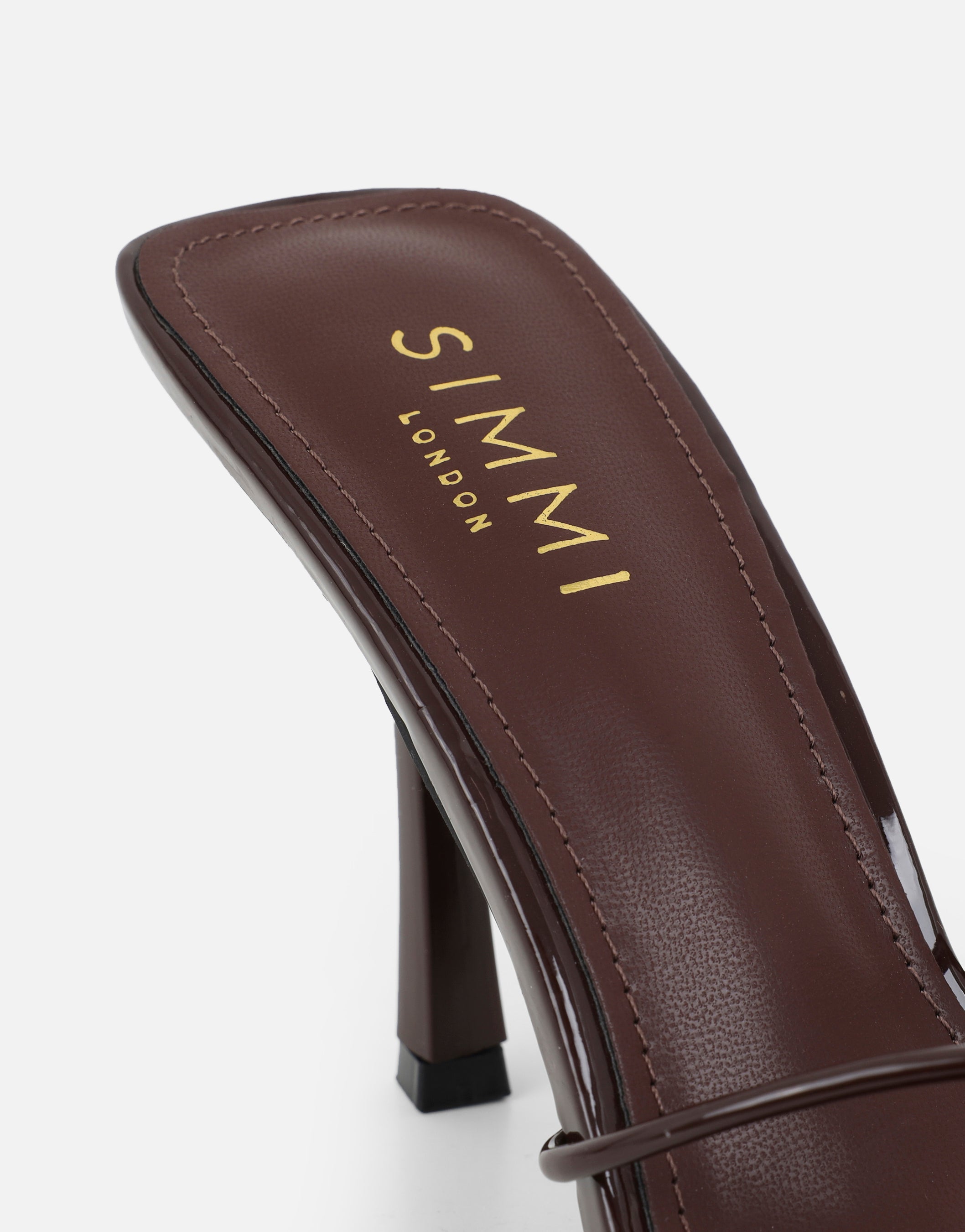 Mindy Brown Patent Heeled Mules