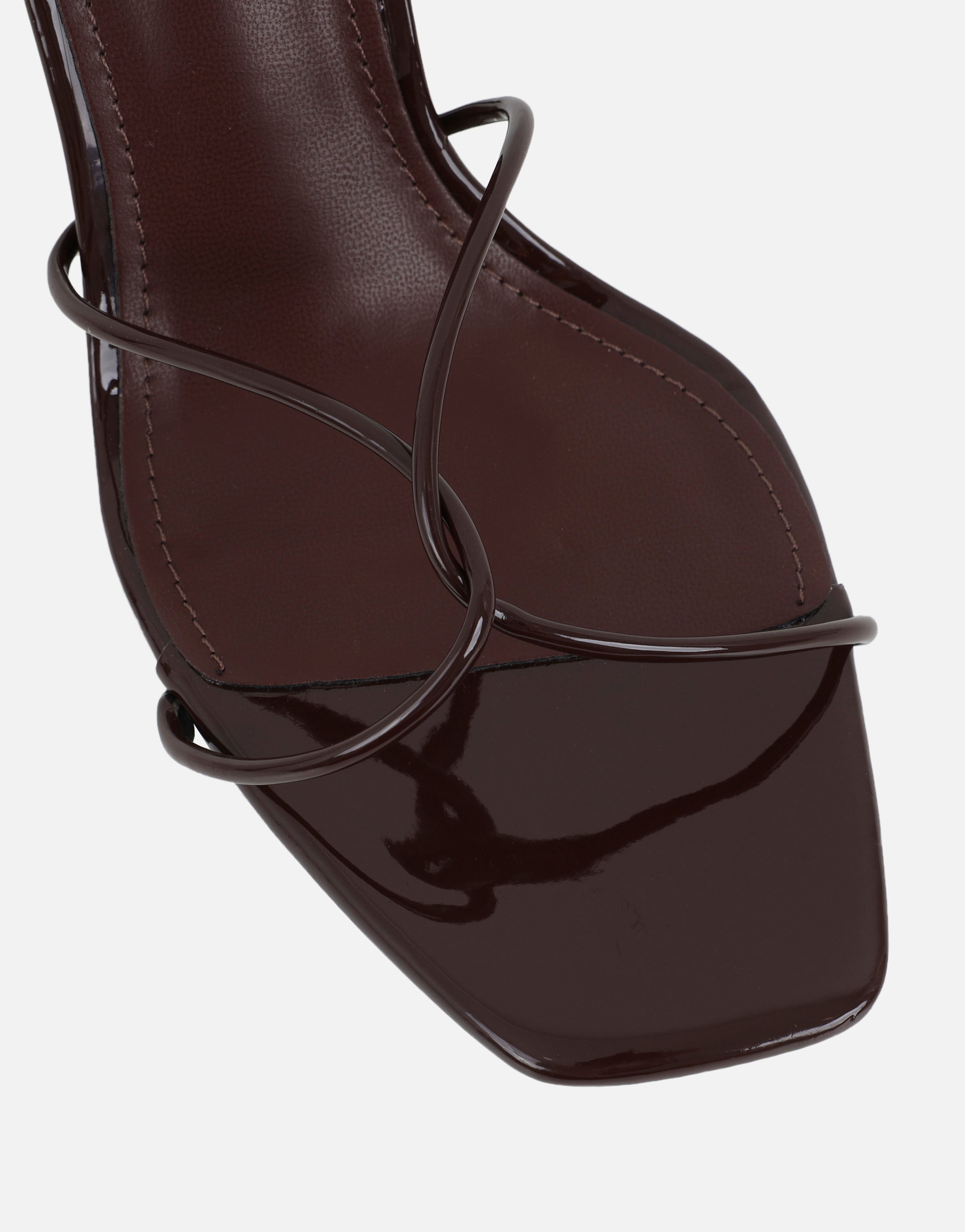 Mindy Brown Patent Heeled Mules