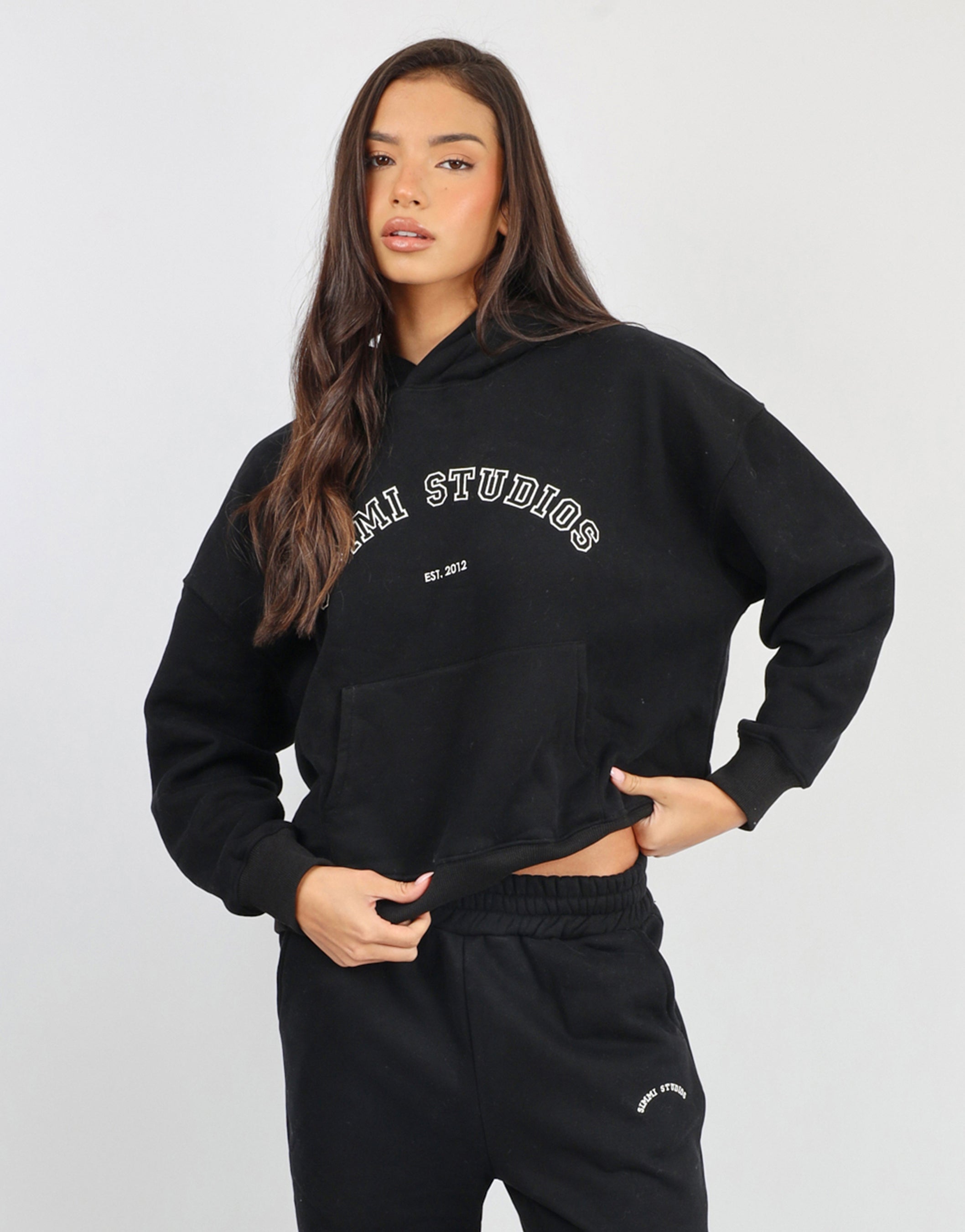 Maeve Simmi Studios Varsity Slogan Hoodie in Black