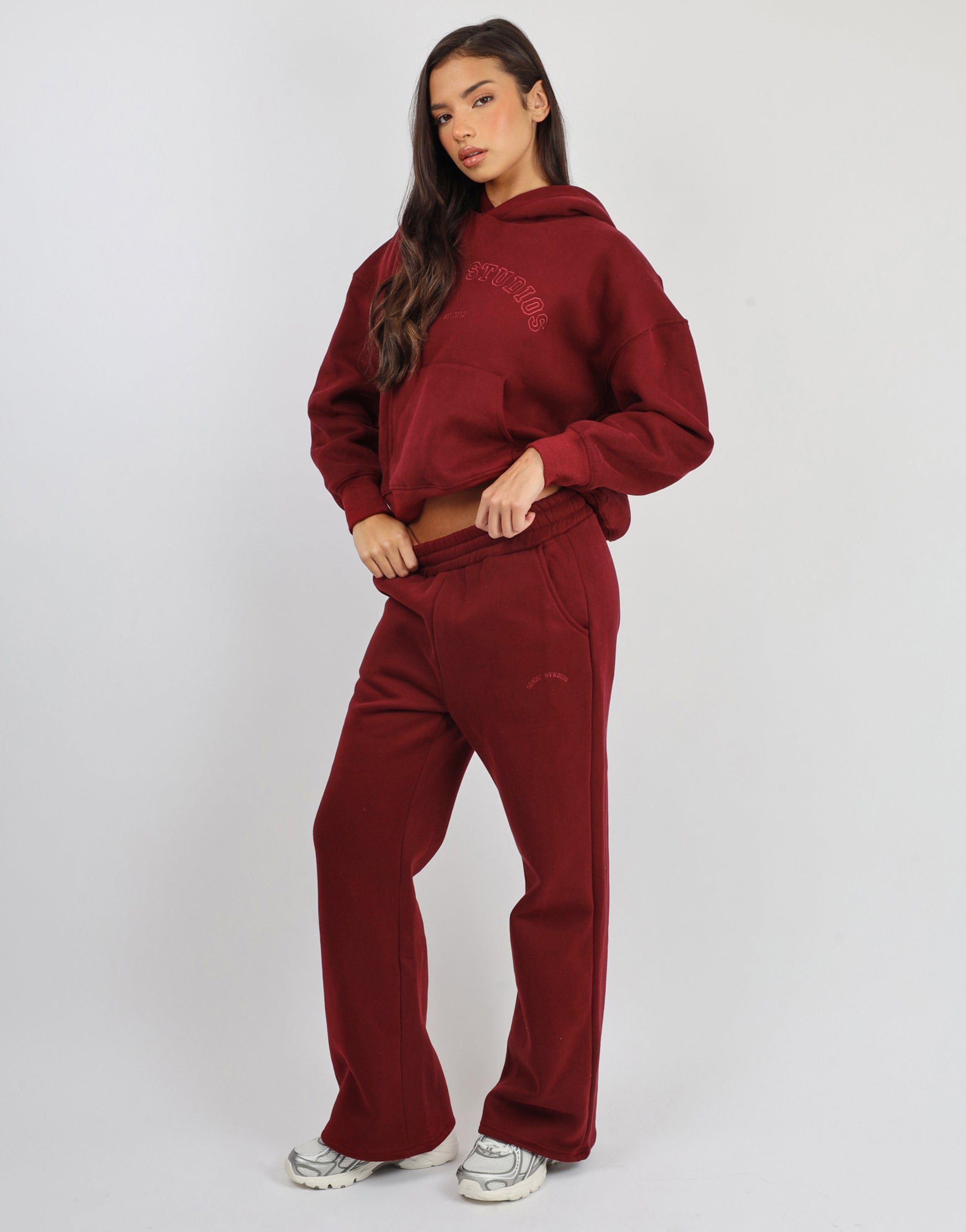 Maeve Simmi Studios Varsity Slogan Hoodie in Cranberry