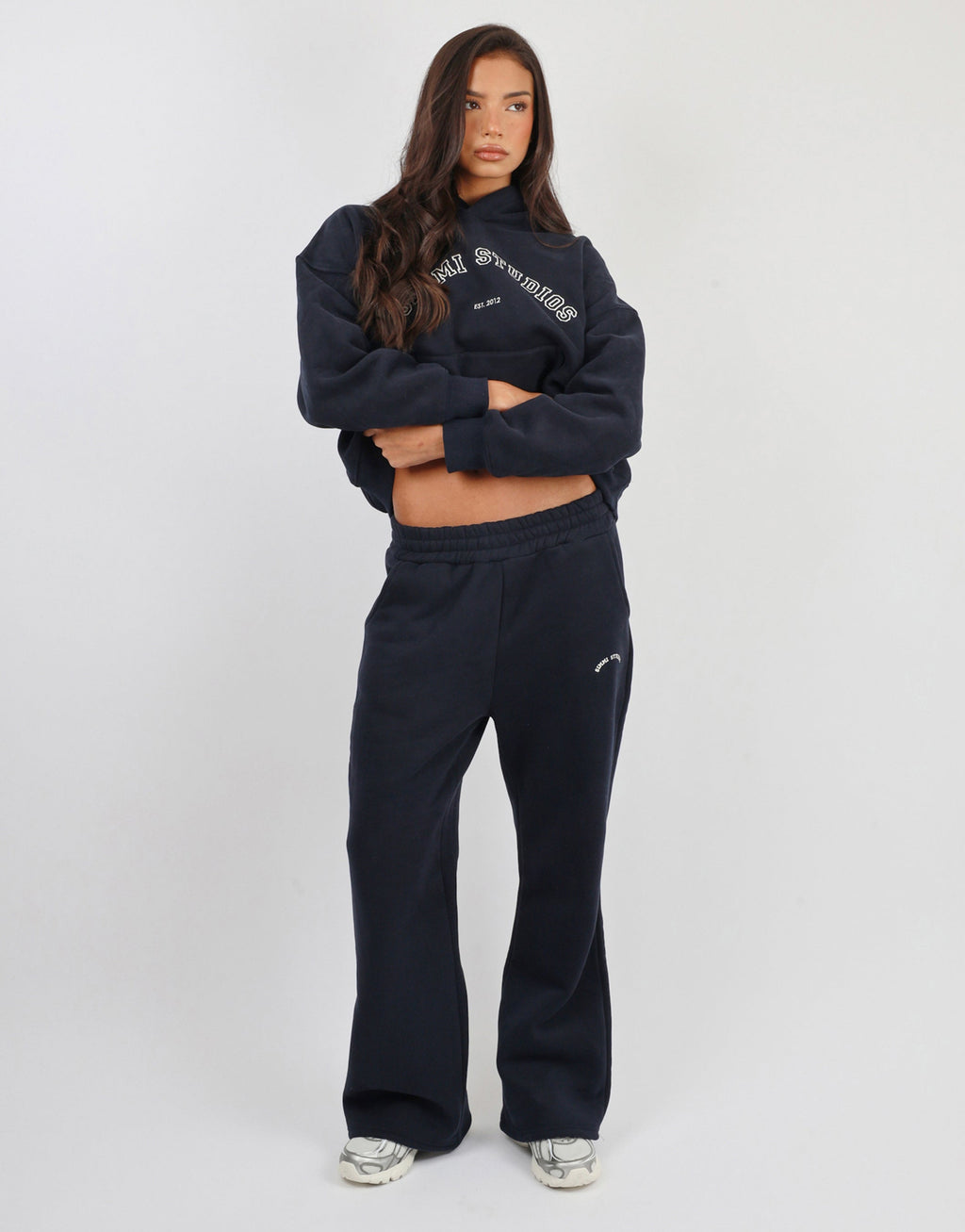 Maeve Simmi Studios Varsity Slogan Hoodie in Oxford Blue