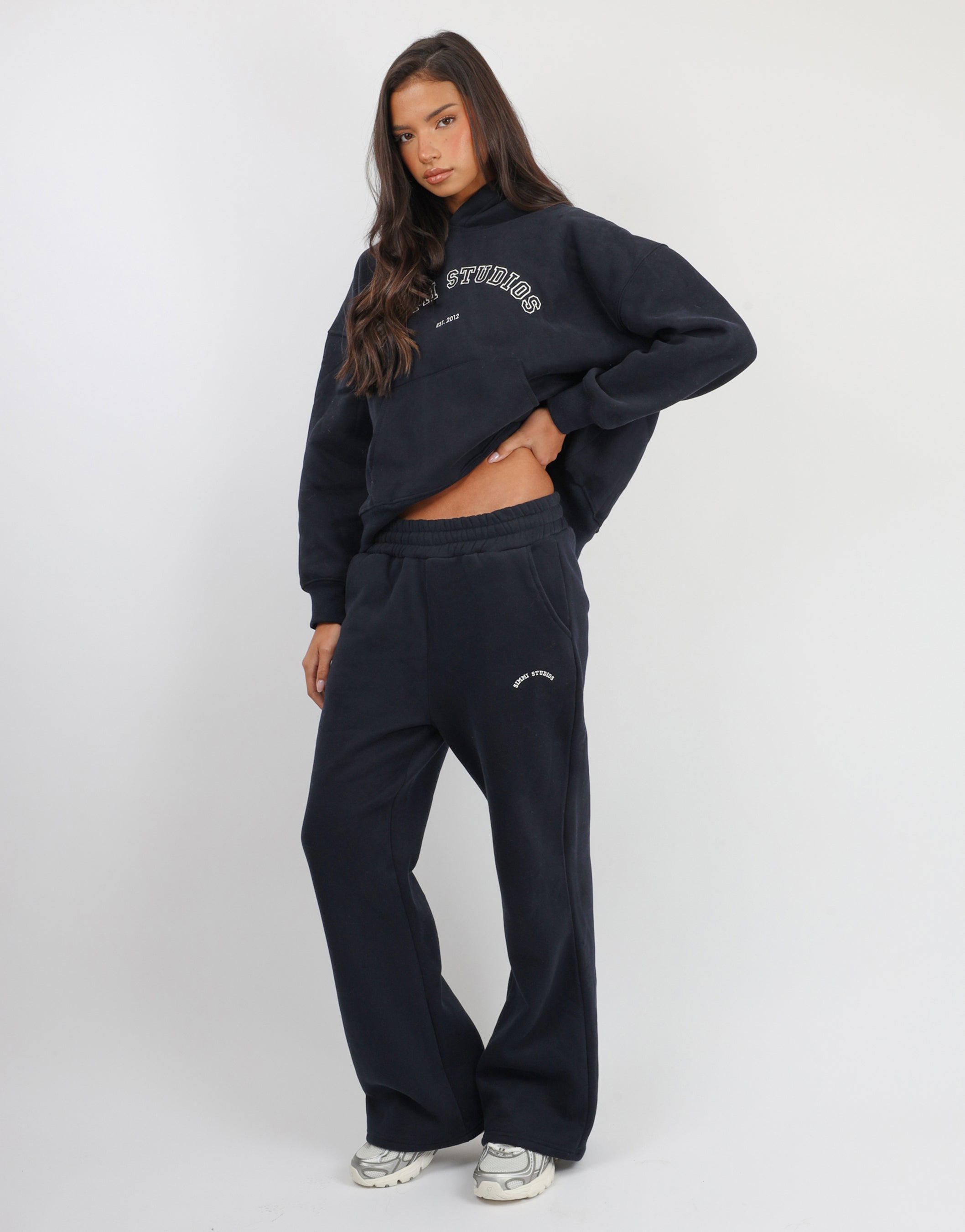 Maeve Simmi Studios Varsity Slogan Hoodie in Oxford Blue