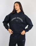 Maeve Simmi Studios Varsity Slogan Hoodie in Oxford Blue