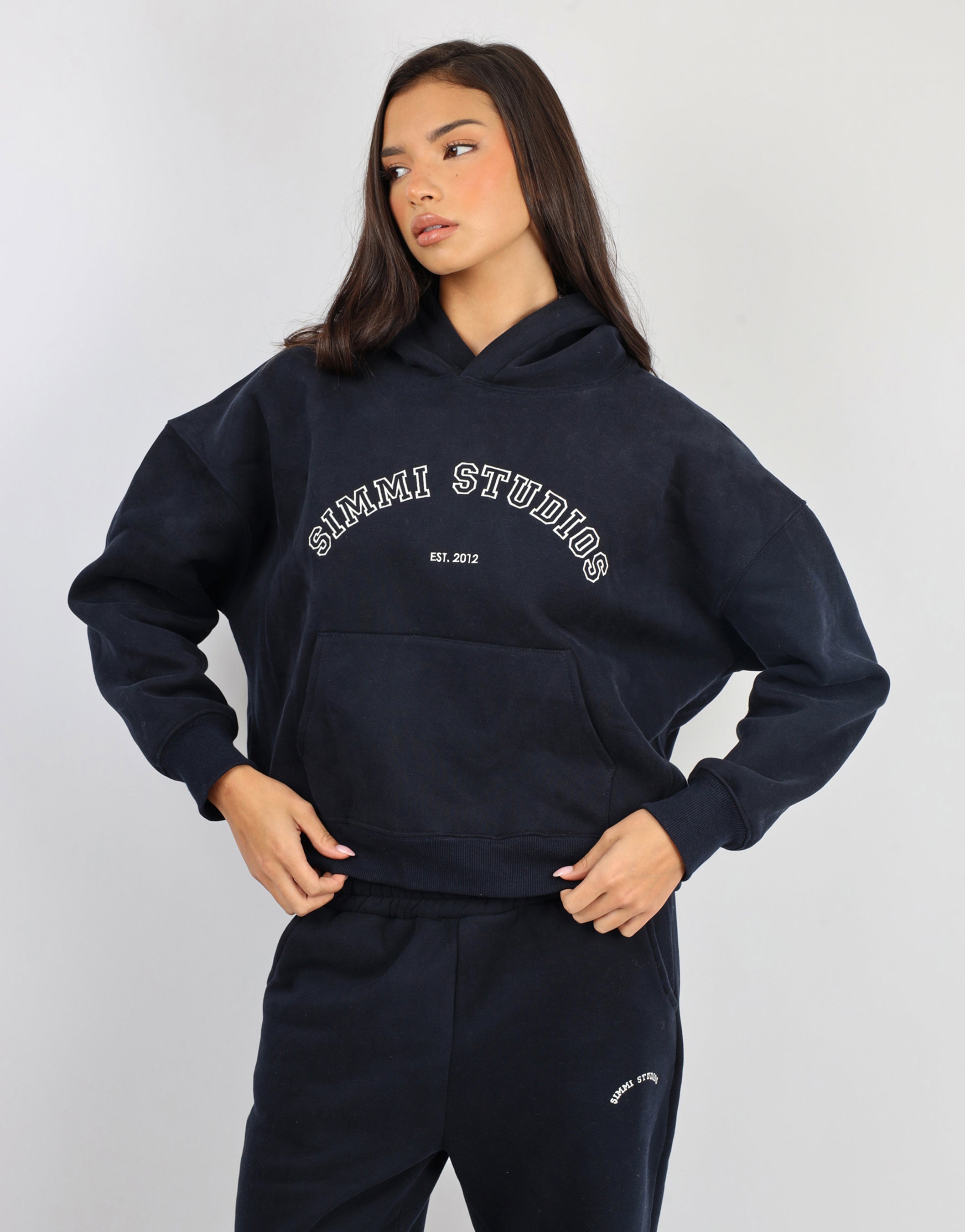 Maeve Simmi Studios Varsity Slogan Hoodie in Oxford Blue
