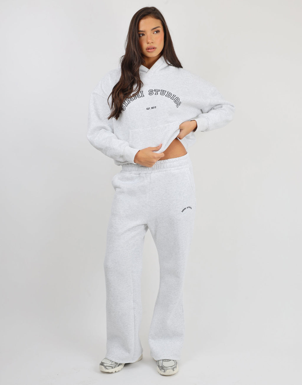 Maeve Simmi Studios Varsity Slogan Hoodie in Pebble Grey