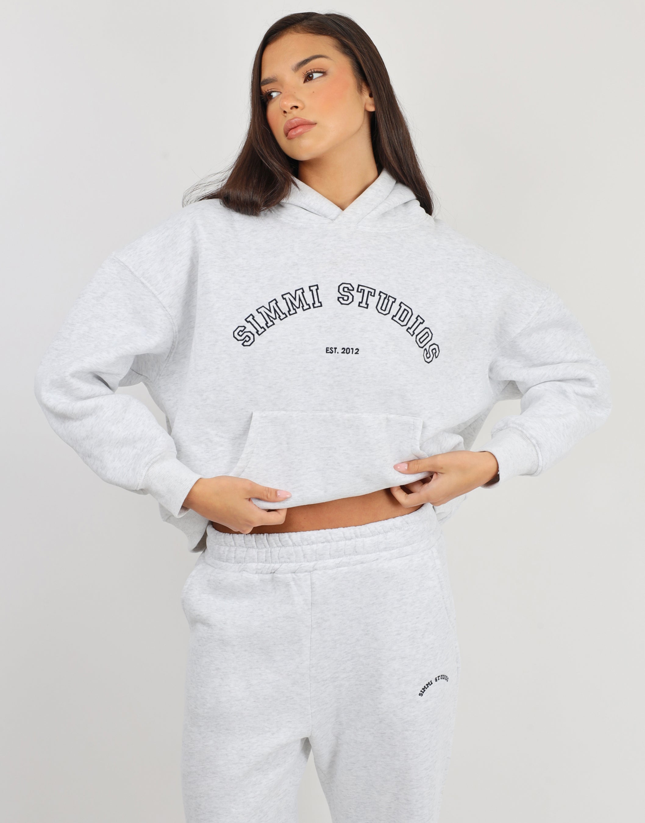 Maeve Simmi Studios Varsity Slogan Hoodie in Pebble Grey