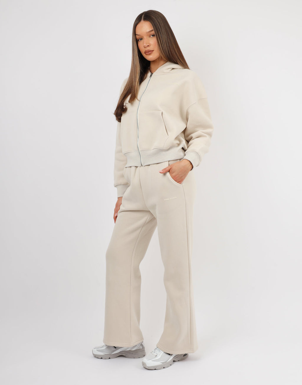 Maddie Simmi Studios Essentials Flared Joggers in Light Beige