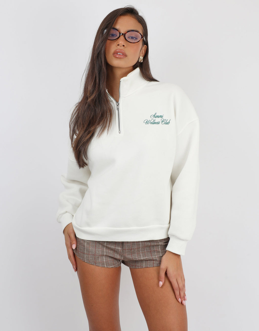 Ames Simmi Studios Half Zip Slogan Sweatshirt in White