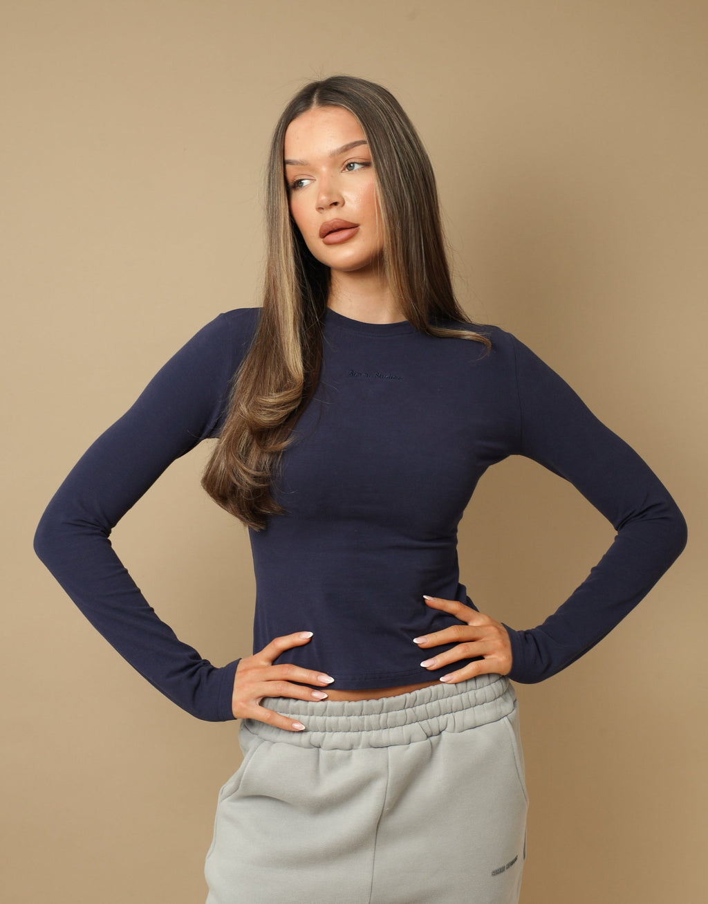 Olivia Long Sleeve Soft Cotton T-Shirt In Navy
