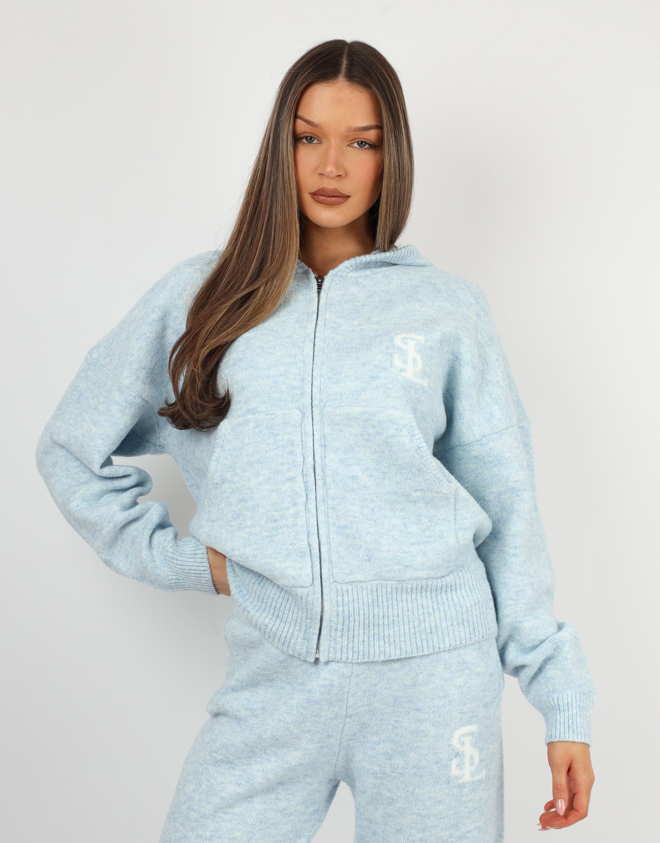 Romy Simmi Studios Chunky Knit Hoodie In Blue
