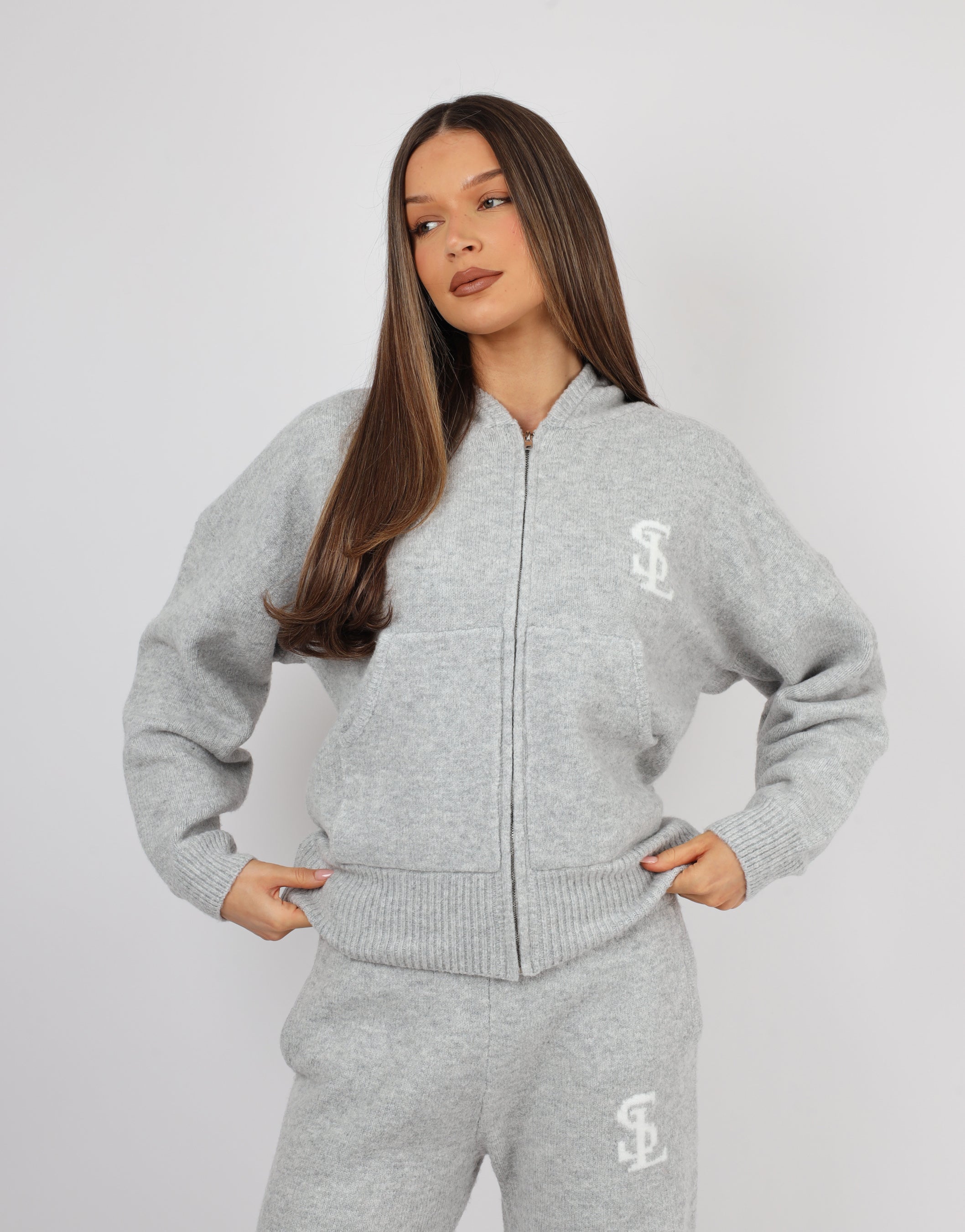 Romy Simmi Studios Chunky Knit Hoodie In Light Grey