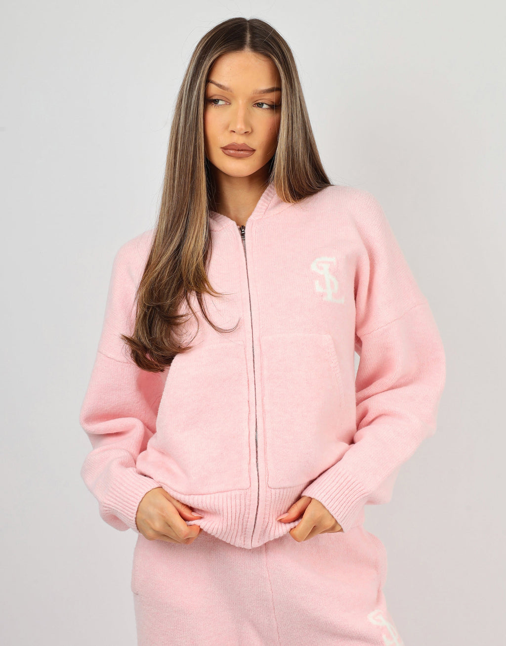 Romy Simmi Studios Chunky Knit Hoodie In Pink