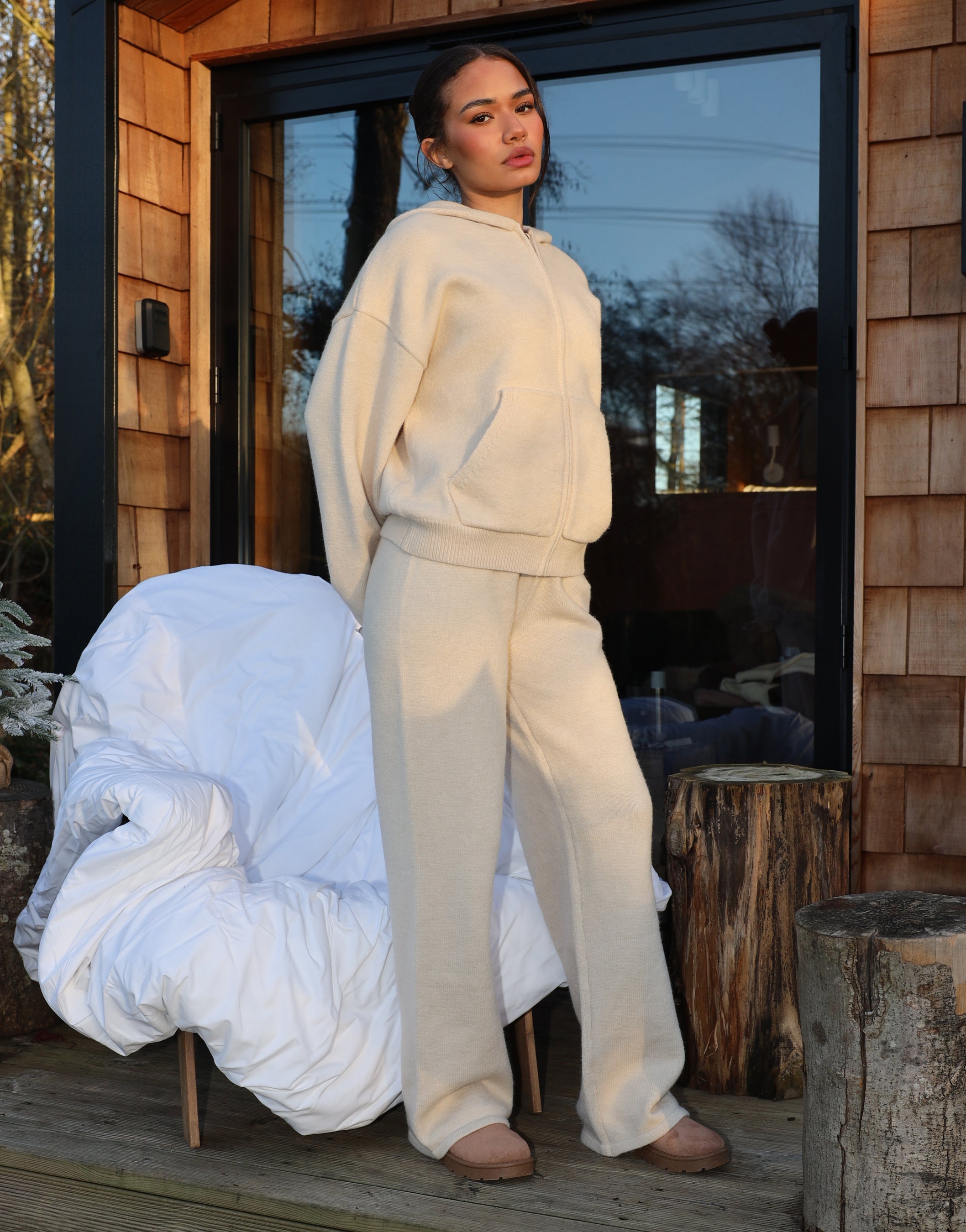 Harper Simmi Studios Knitted Zip Hoodie In Beige