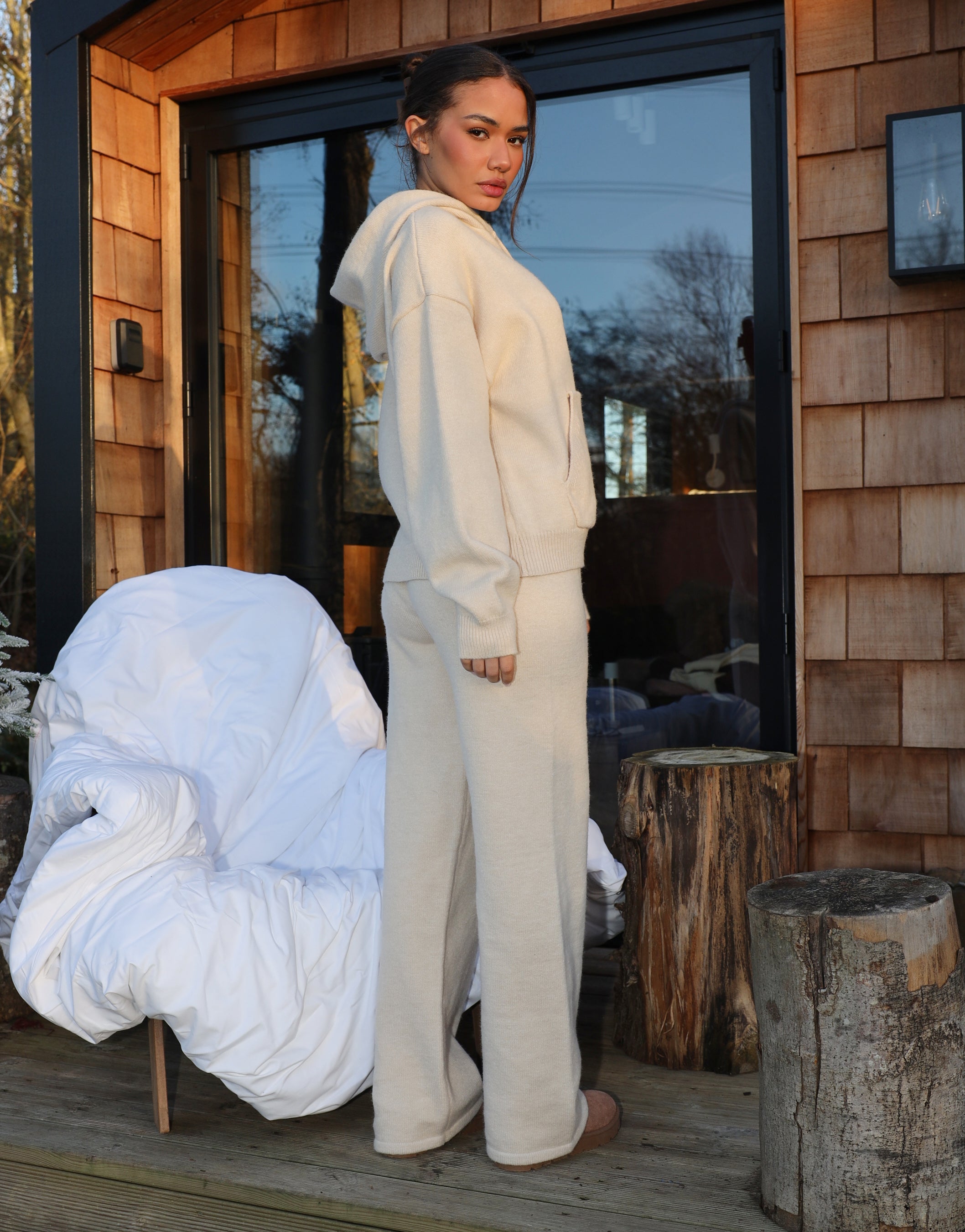 Harper Simmi Studios Knitted Zip Hoodie In Beige