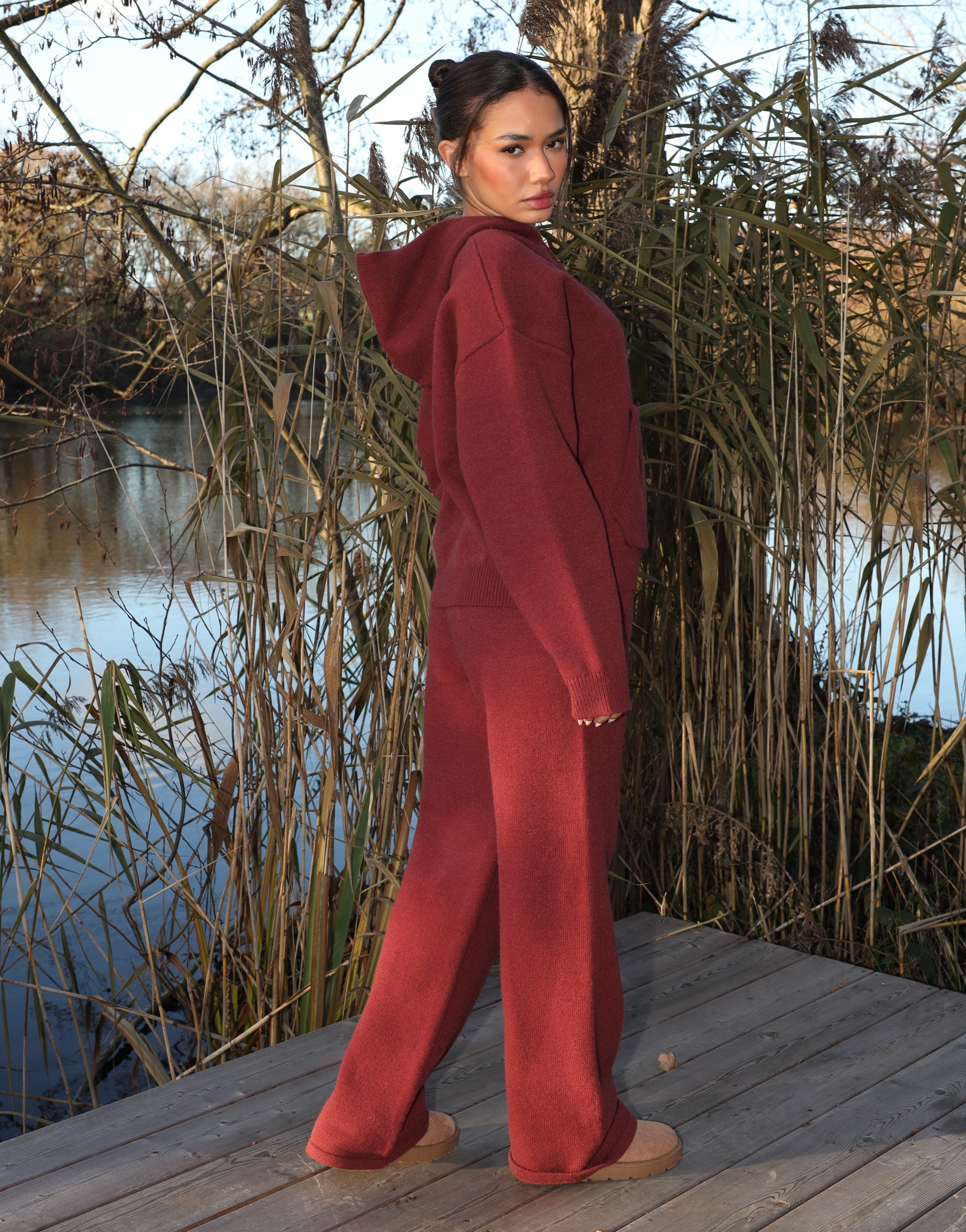 Harper Simmi Studios Knitted Zip Hoodie In Burgundy
