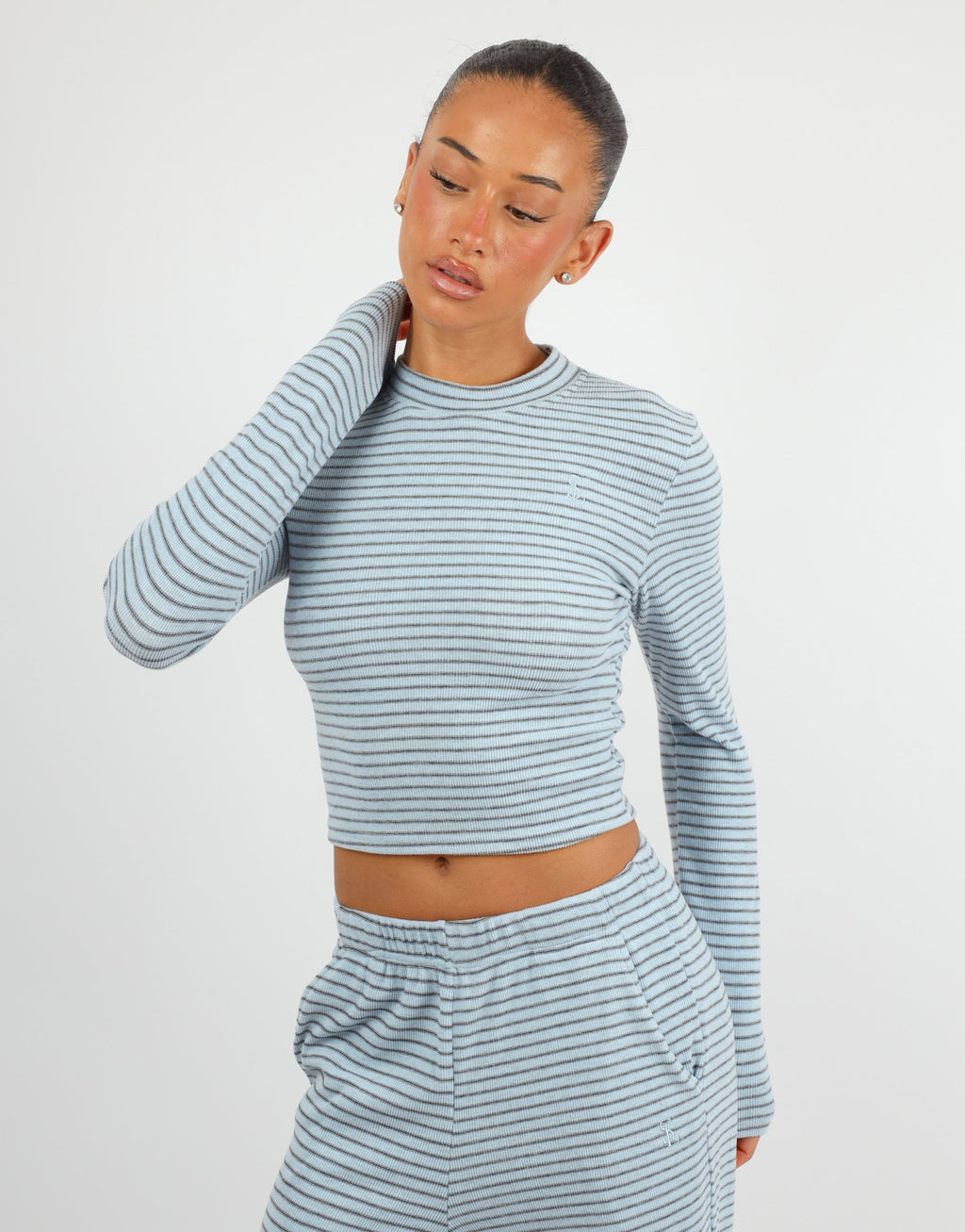 Monique Simmi Studios Soft Stripe Fine Ribbed Long Sleeve Top In Blue