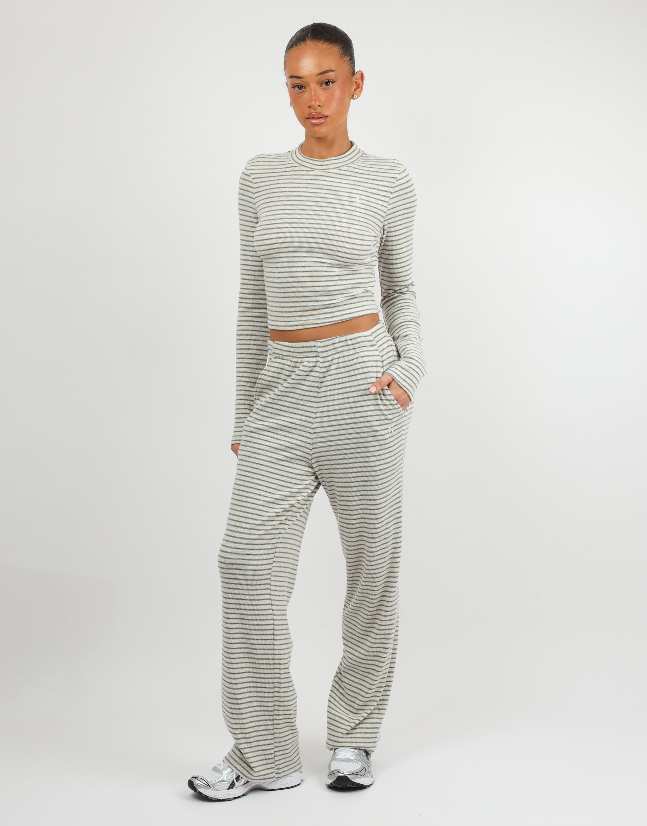 Monique Simmi Studios Soft Stripe Fine Ribbed Long Sleeve Top In Cream