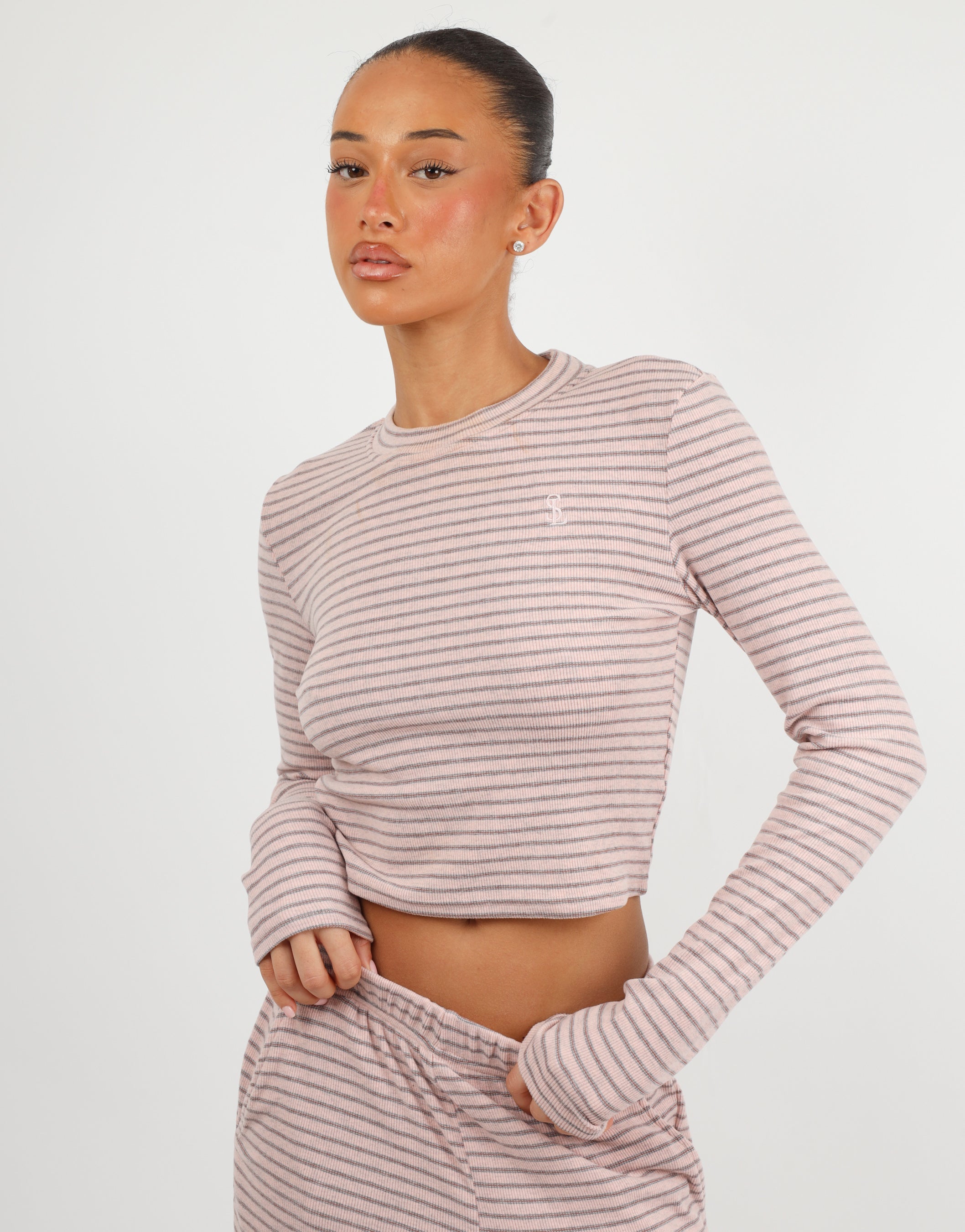 Monique Simmi Studios Soft Stripe Fine Ribbed Long Sleeve Top In Pink