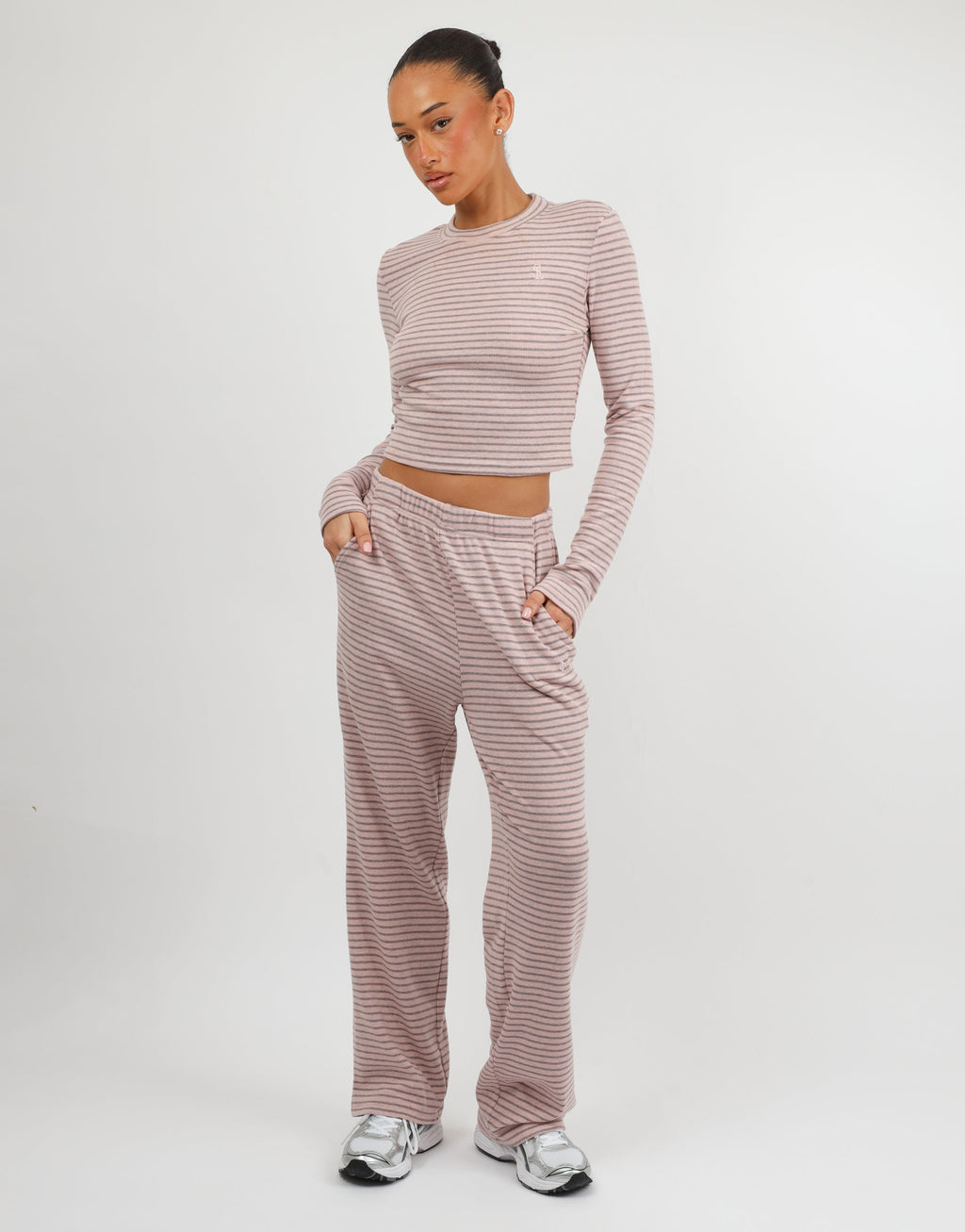 Monique Simmi Studios Soft Stripe Fine Ribbed Long Sleeve Top In Pink
