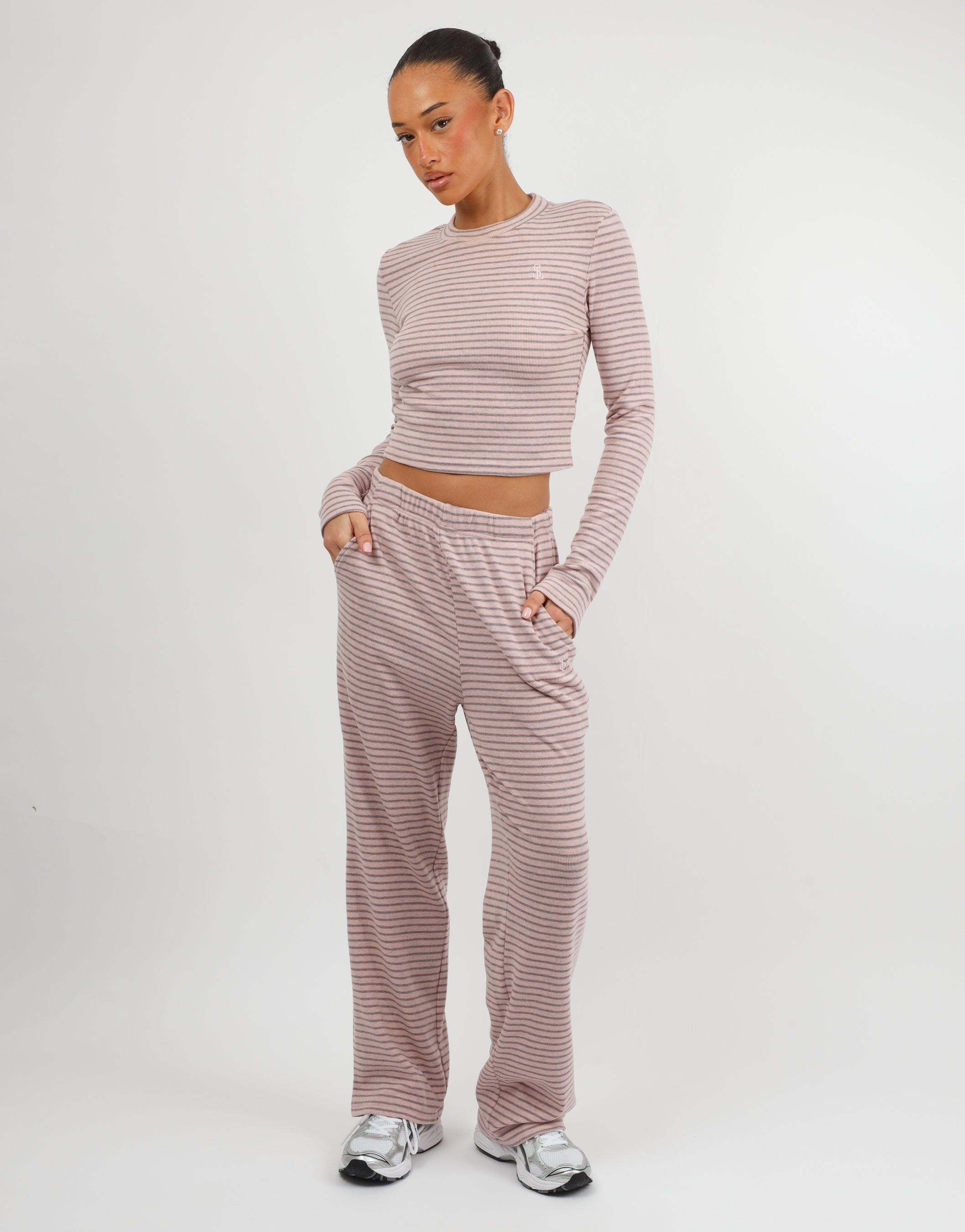 Monique Simmi Studios Soft Stripe Fine Ribbed Long Sleeve Top In Pink