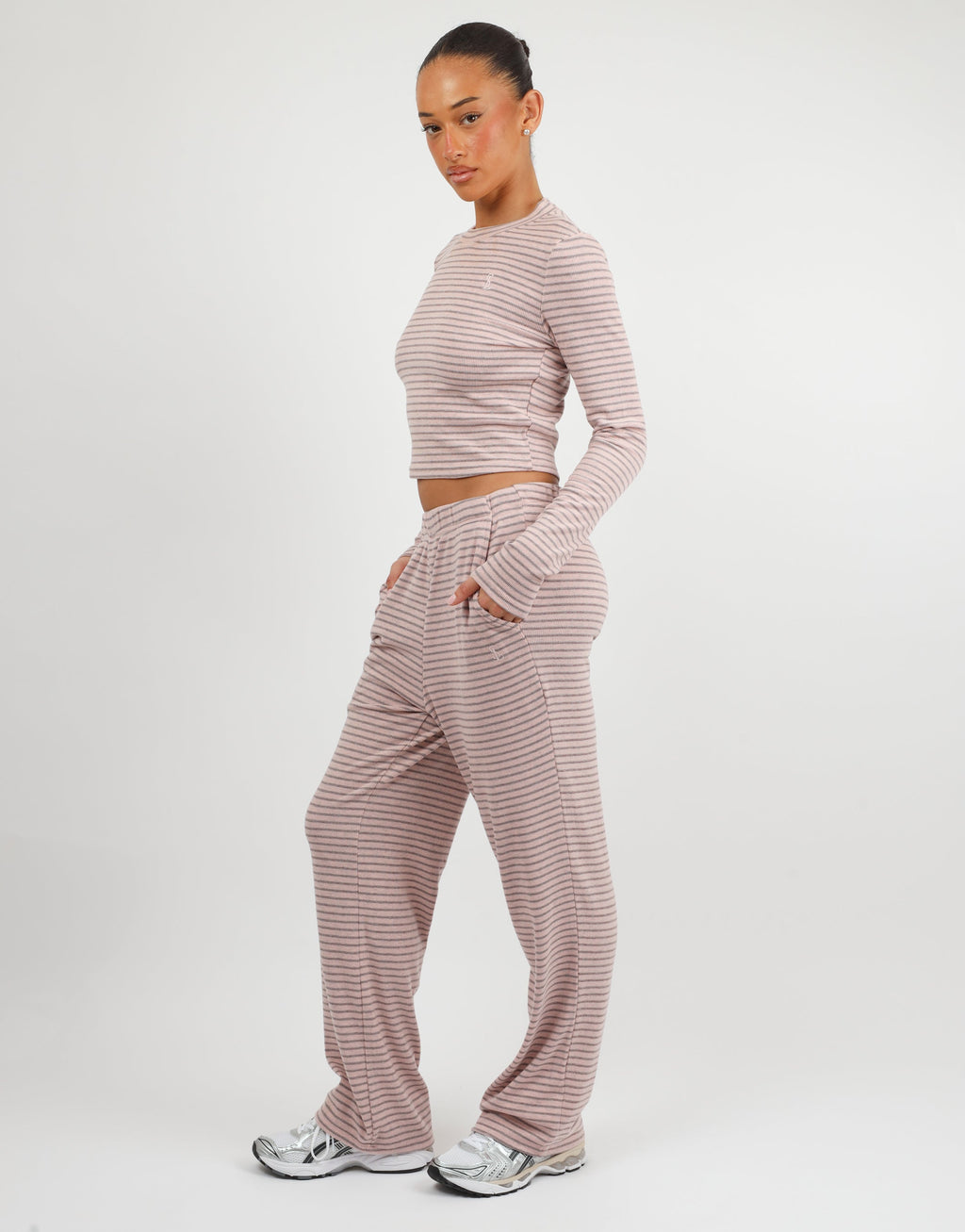 Monique Simmi Studios Soft Stripe Fine Ribbed Long Sleeve Top In Pink