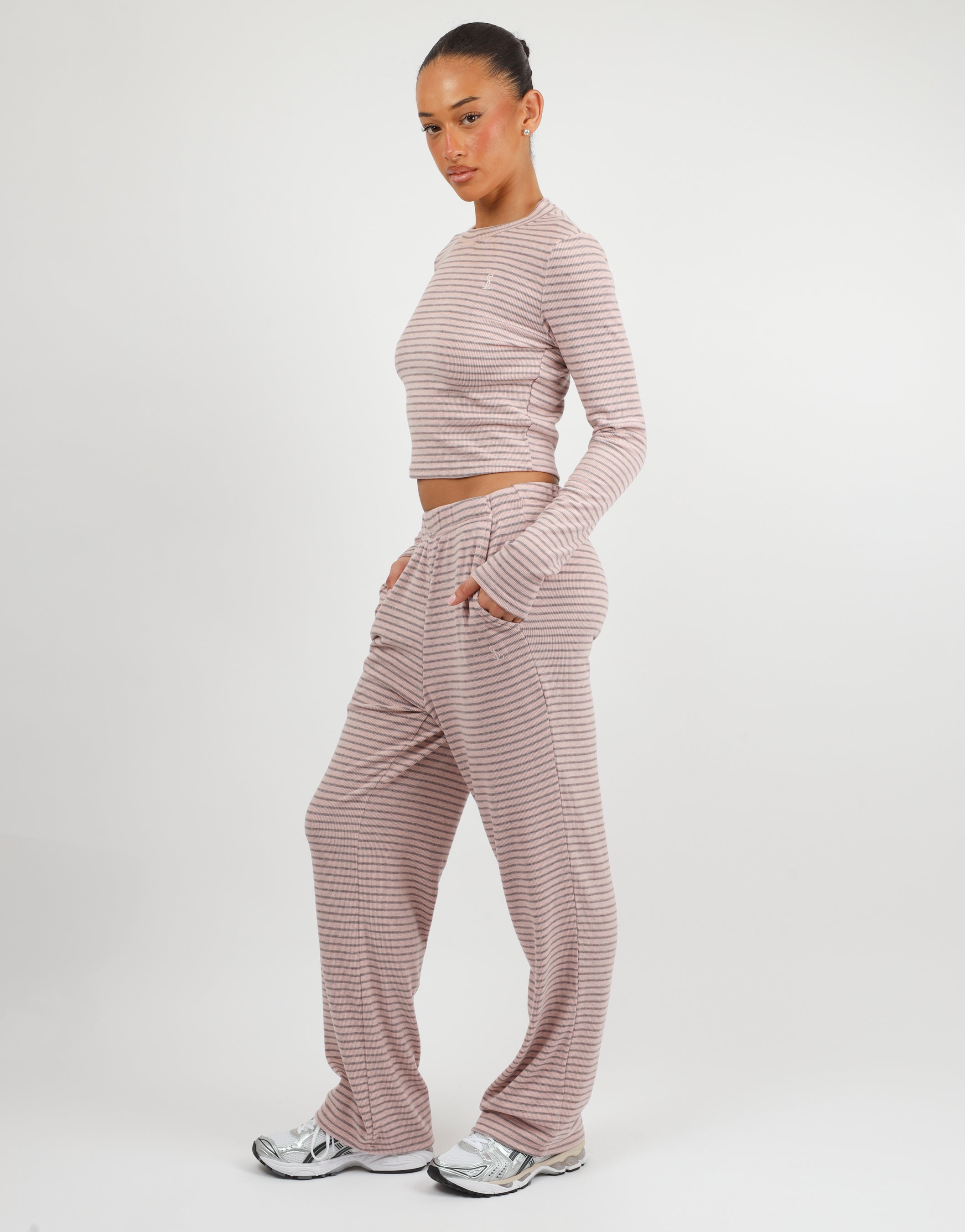 Monique Simmi Studios Soft Stripe Fine Ribbed Long Sleeve Top In Pink