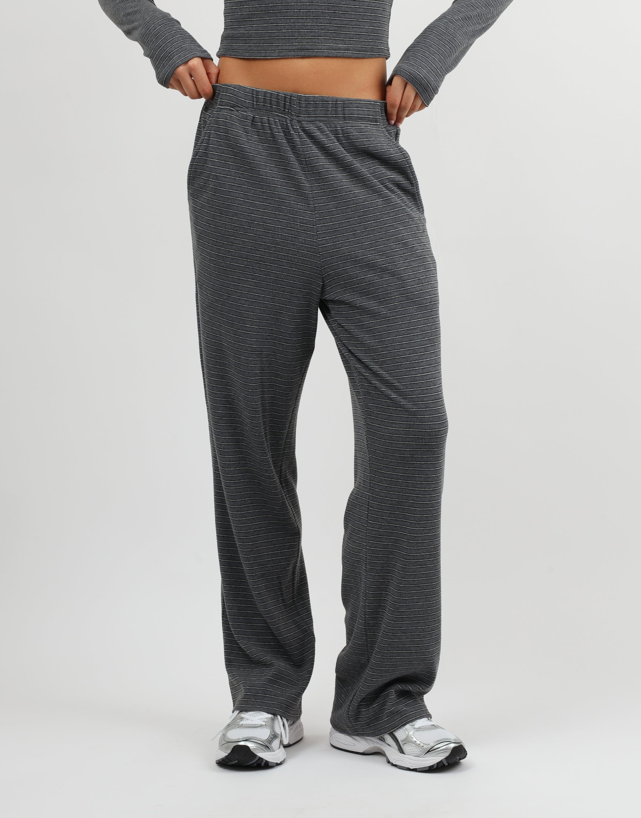 Mila Simmi Studios Soft Stripe Fine Ribbed Trouser In Dark Grey