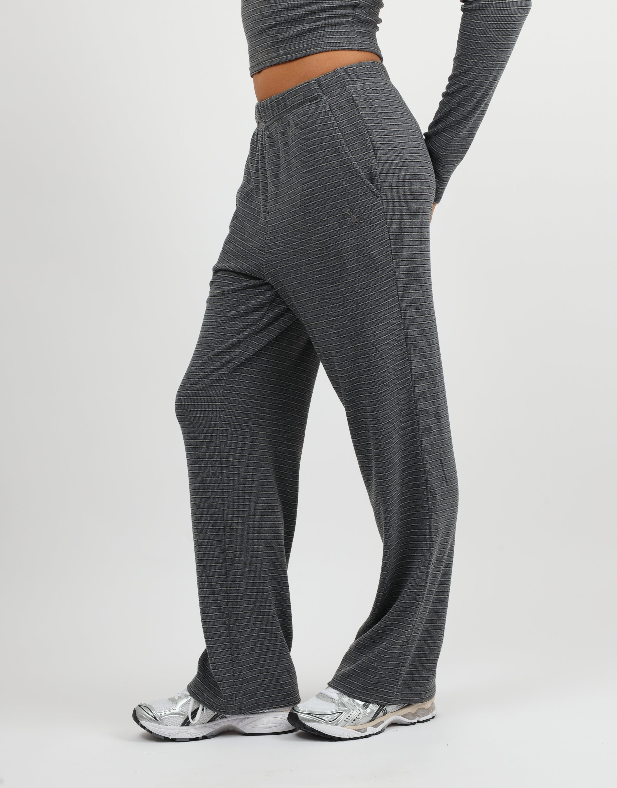 Mila Simmi Studios Soft Stripe Fine Ribbed Trouser In Dark Grey