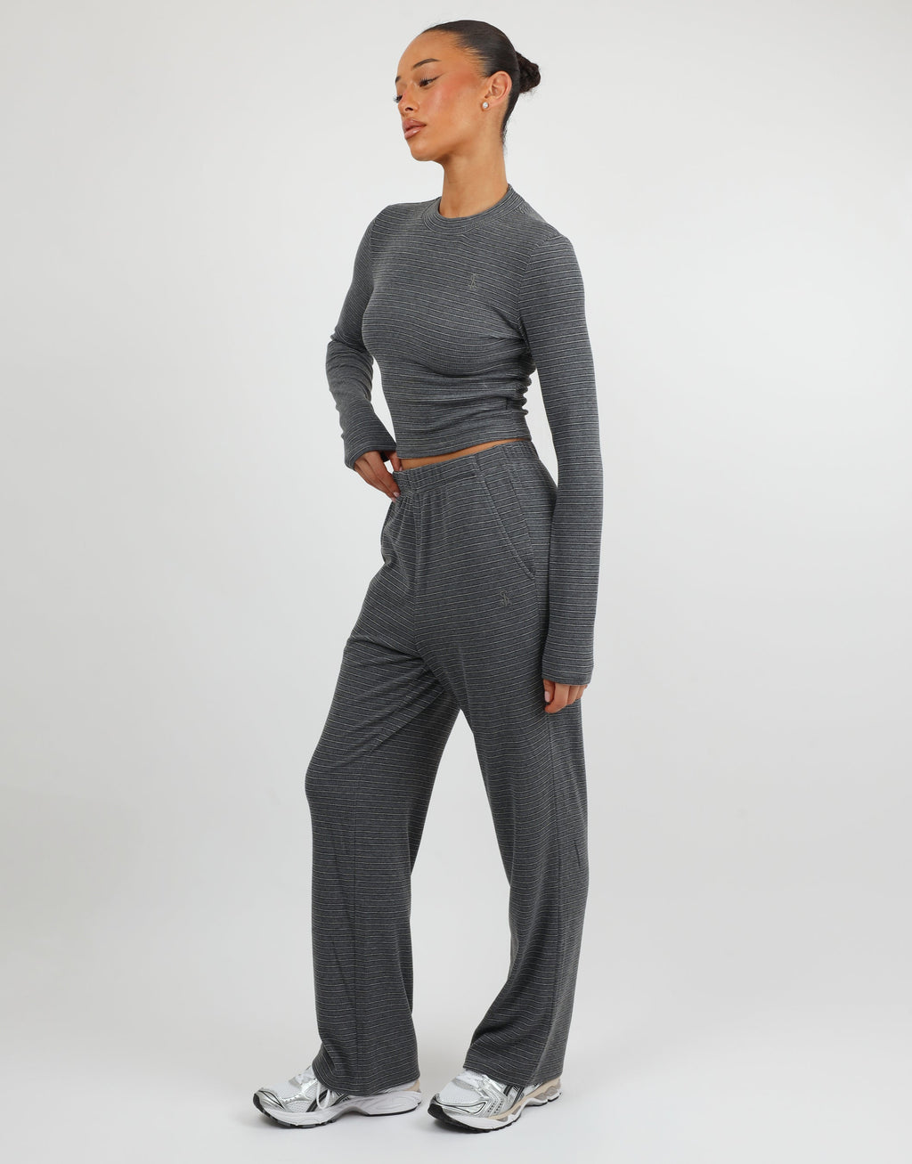 Mila Simmi Studios Soft Stripe Fine Ribbed Trouser In Dark Grey