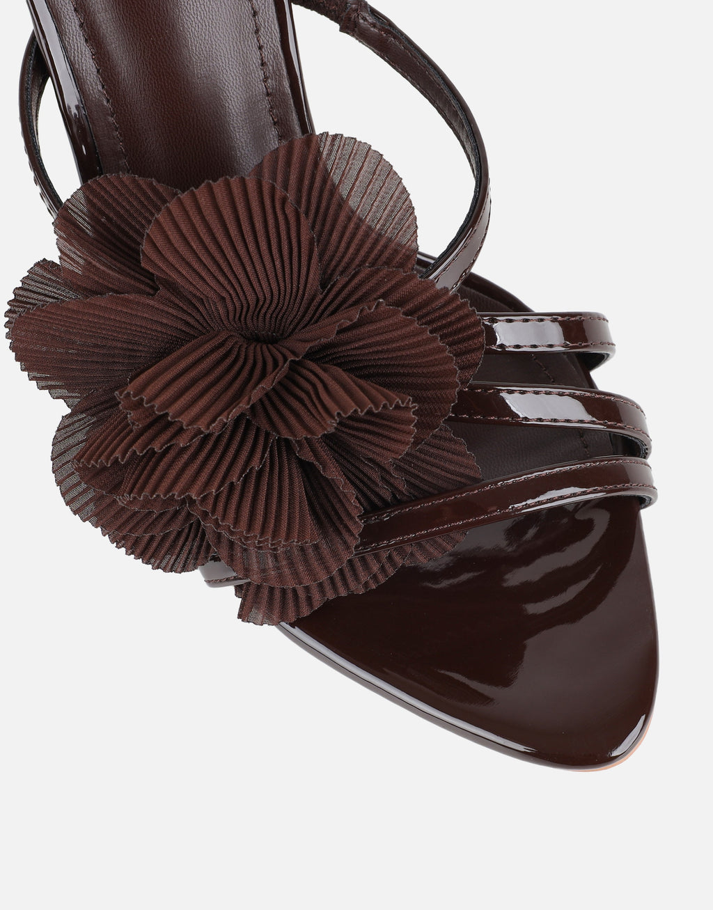 Tina Chocolate Patent Flower Detail Heeled Sandals
