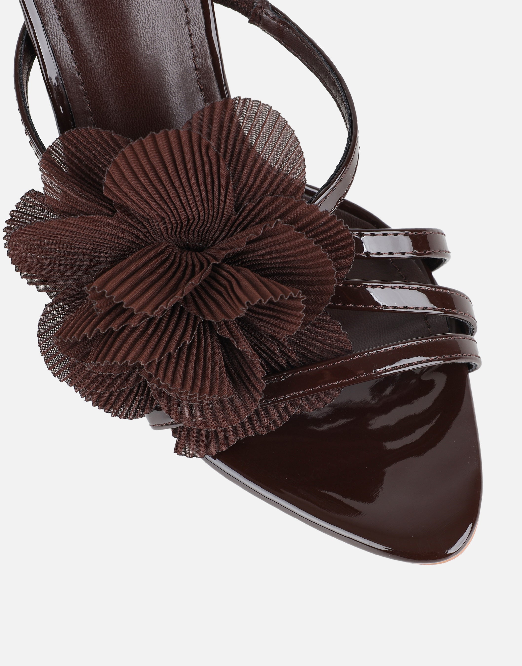 Tina Chocolate Patent Flower Detail Heeled Sandals