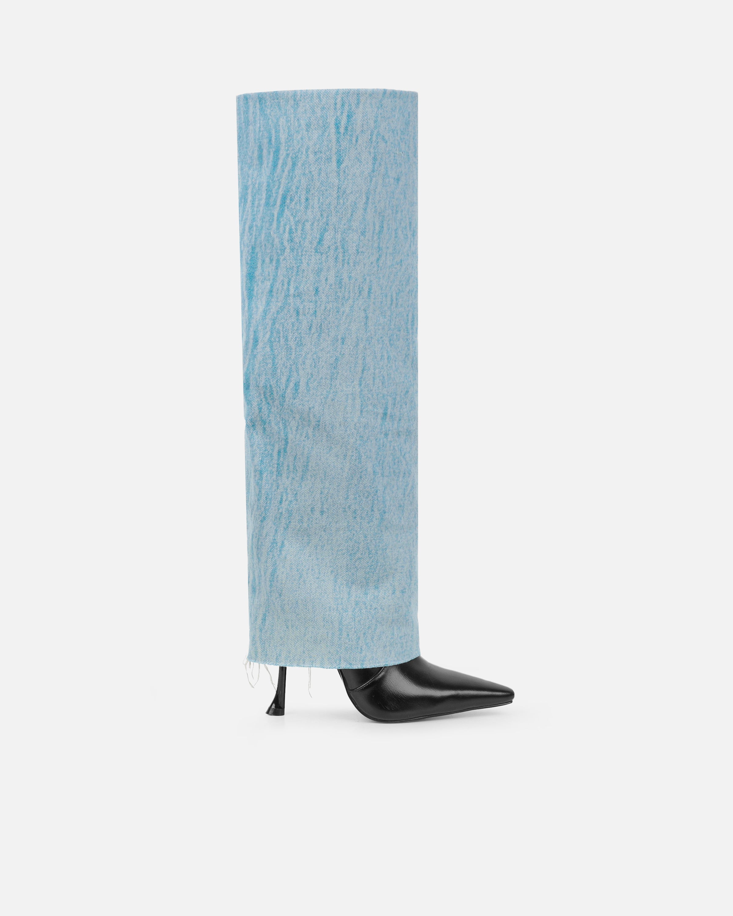 Fergal Denim And Black Fold Over Heeled Knee High Boots