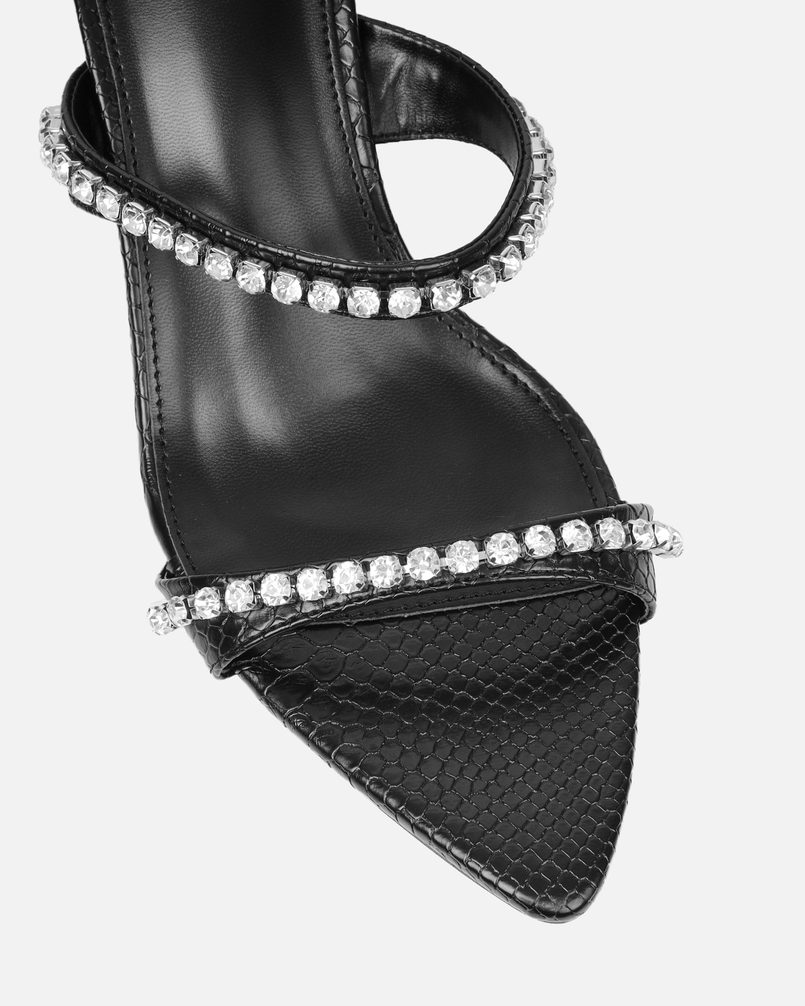 Adrienne Black Faux Snake Diamante Low Heeled Sandals