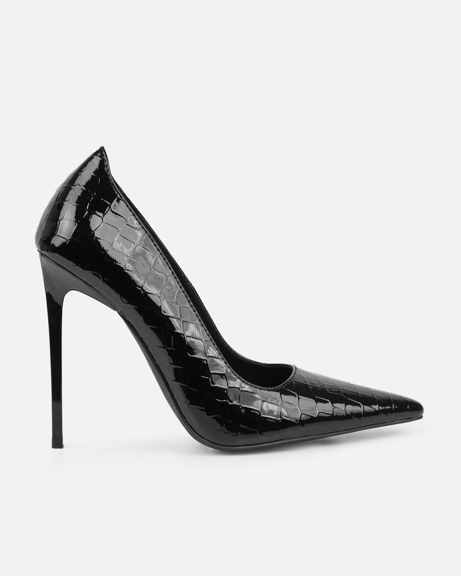 Kamii Black Patent Faux Croc Effect Court Shoes