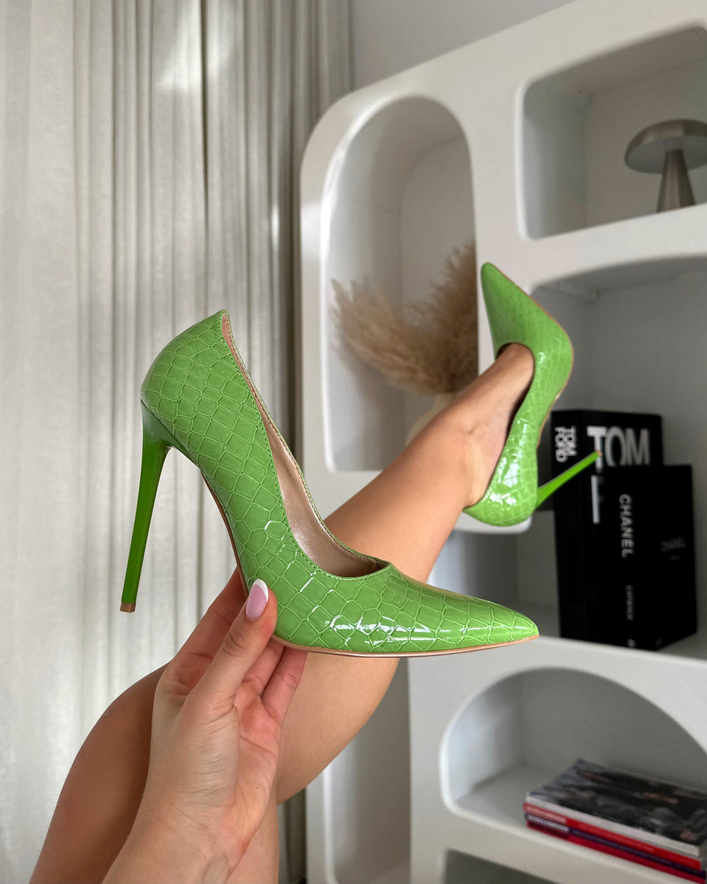 Kamii Green Patent Faux Croc Effect Court Shoes
