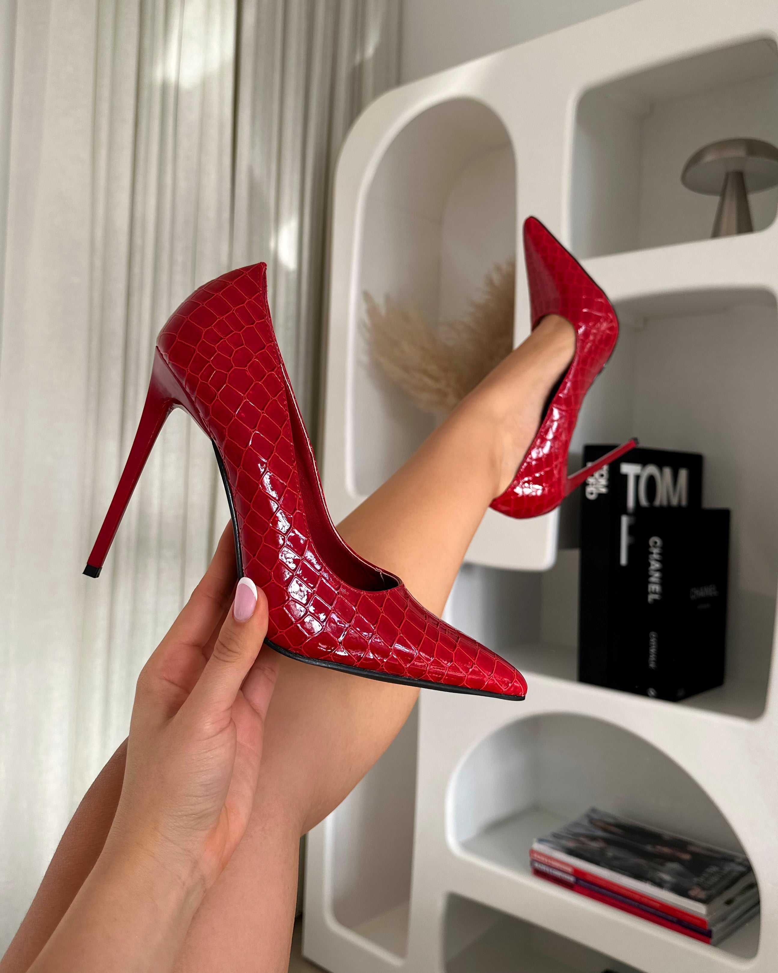 Kamii Red Patent Faux Croc Effect Court Shoes