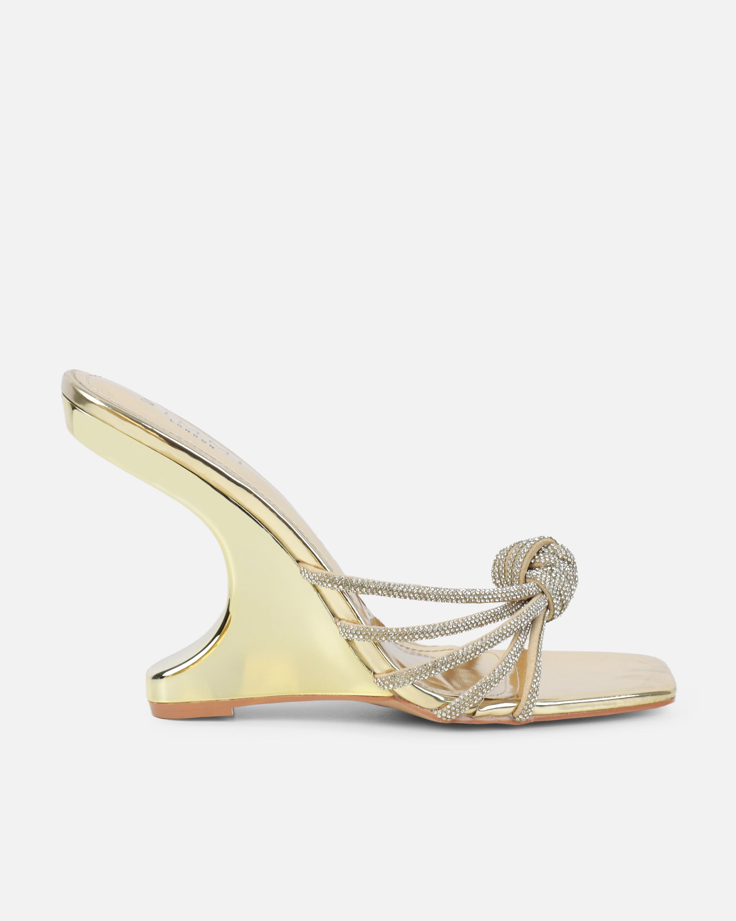 Dreaa Gold Mirror Diamante Twist Wedge Sandals