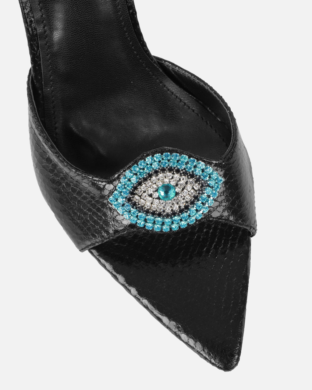 Akia Black Faux Snake Evil Eye Stiletto Mules