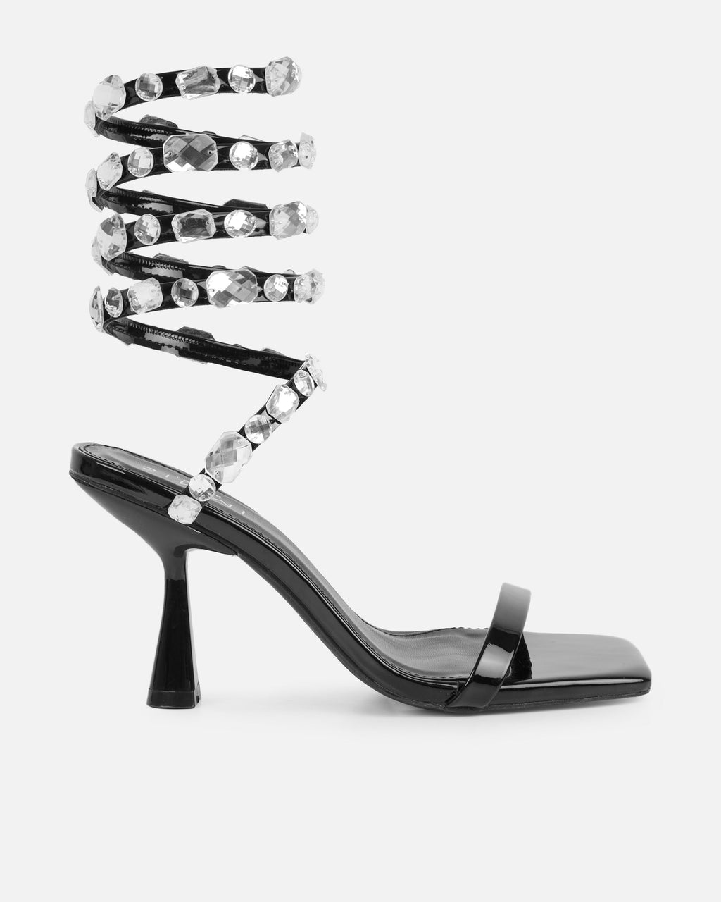 Amor Black Patent Diamante Spiral Sandals